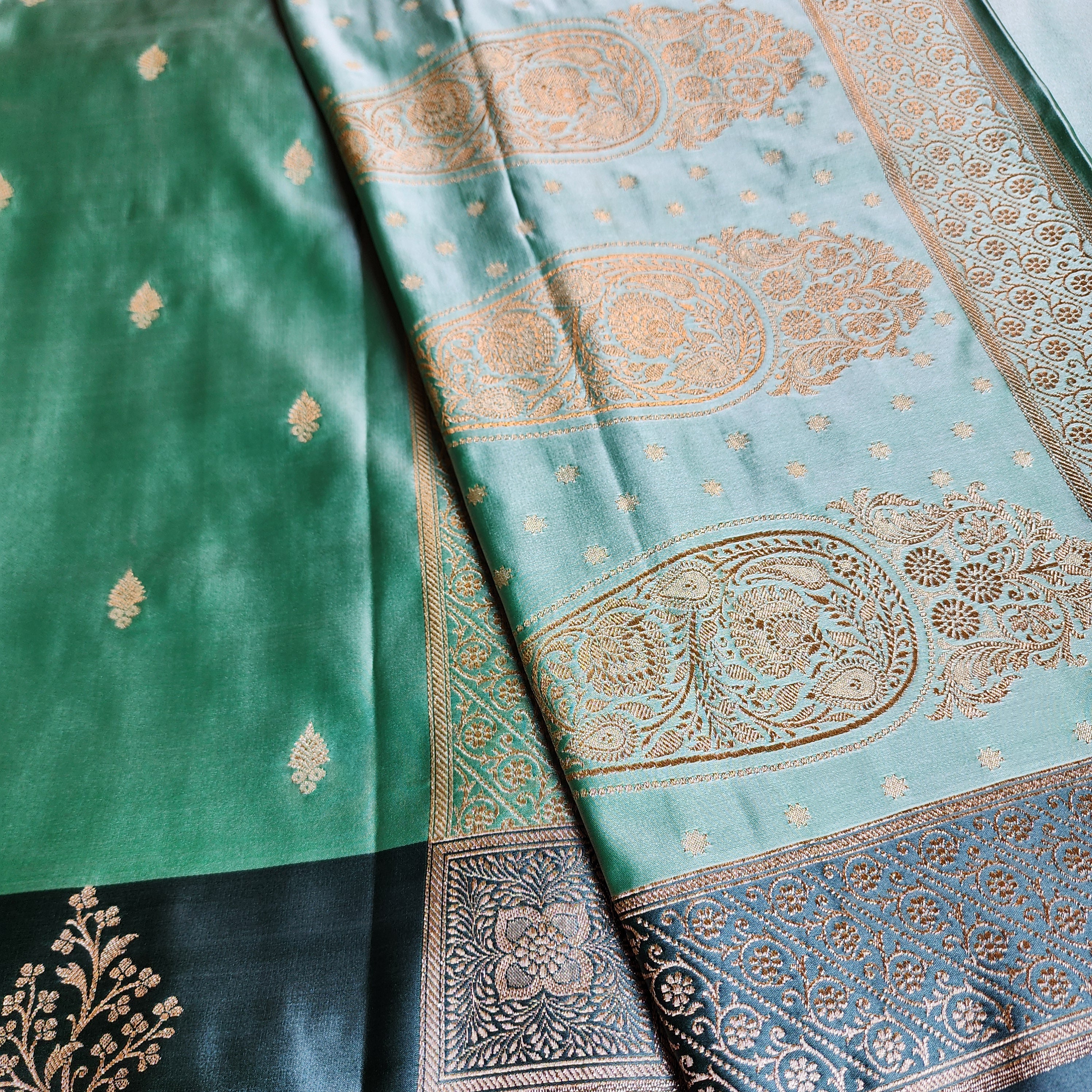 Sea Green Katan Silk Saree with Peacock Green Gold Zari Border