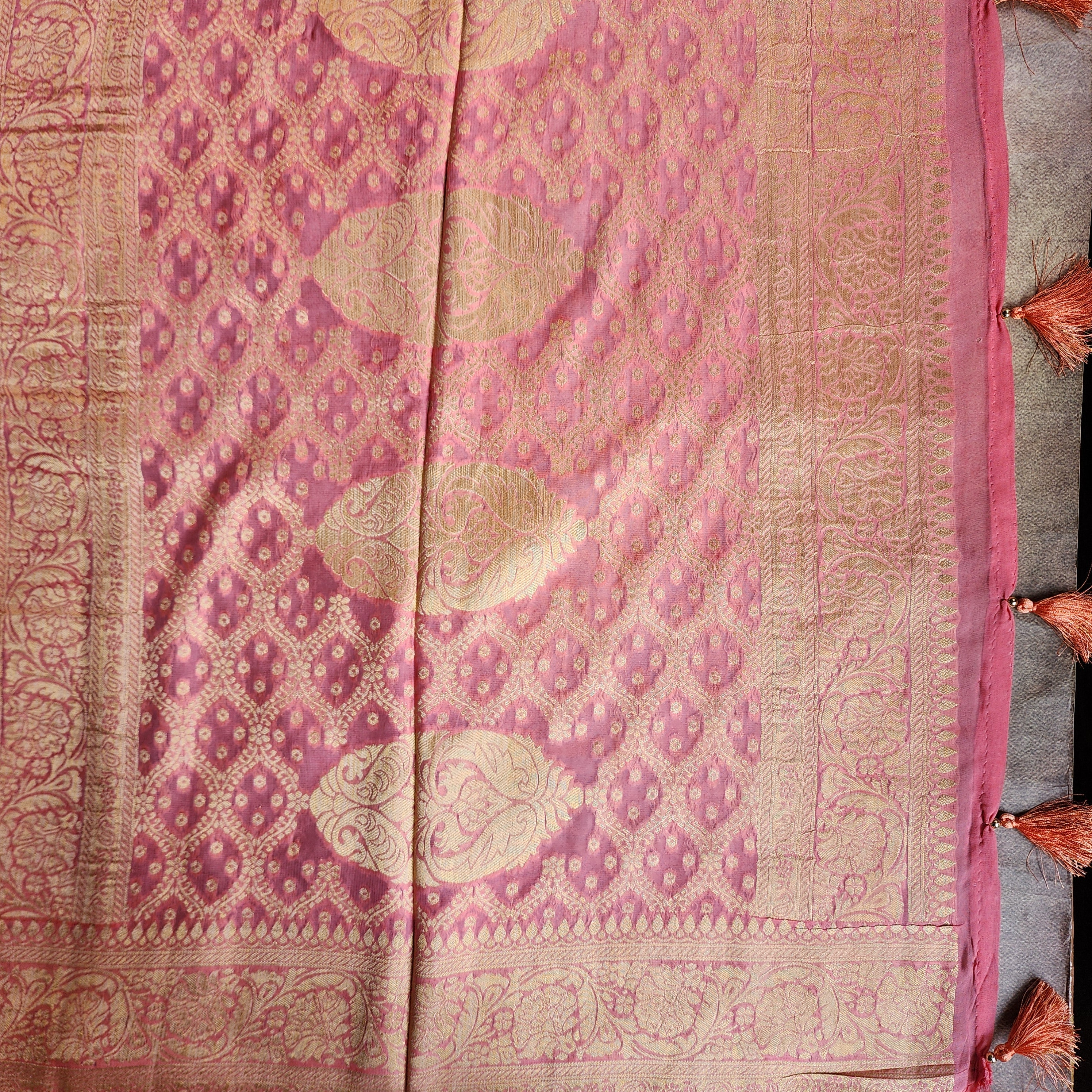 Flamingo Pink Pure Khaddi Georgette Banarasi Saree with Golden Zari