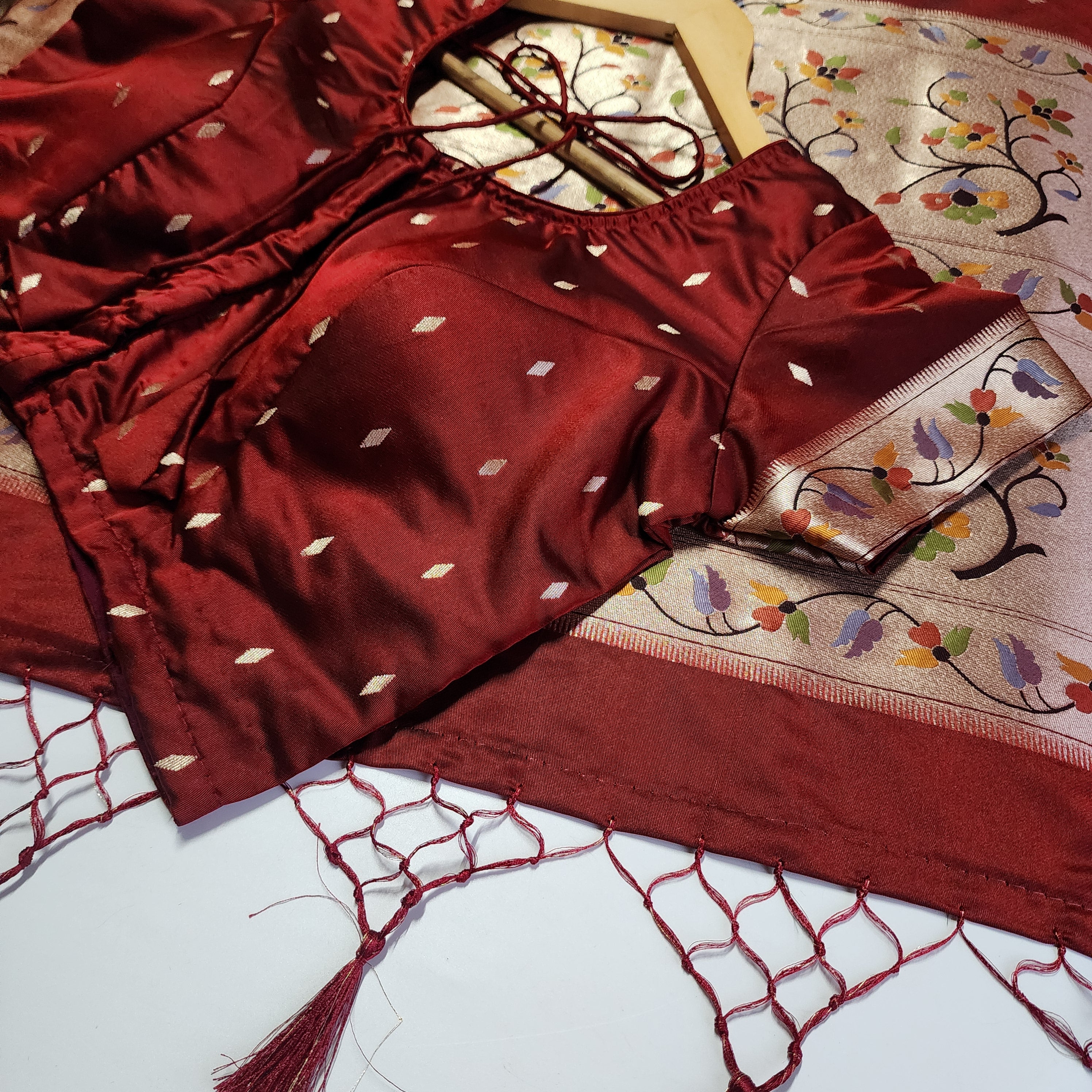 Raahi - Maroon Paithani Silk Saree with Stitched Blouse