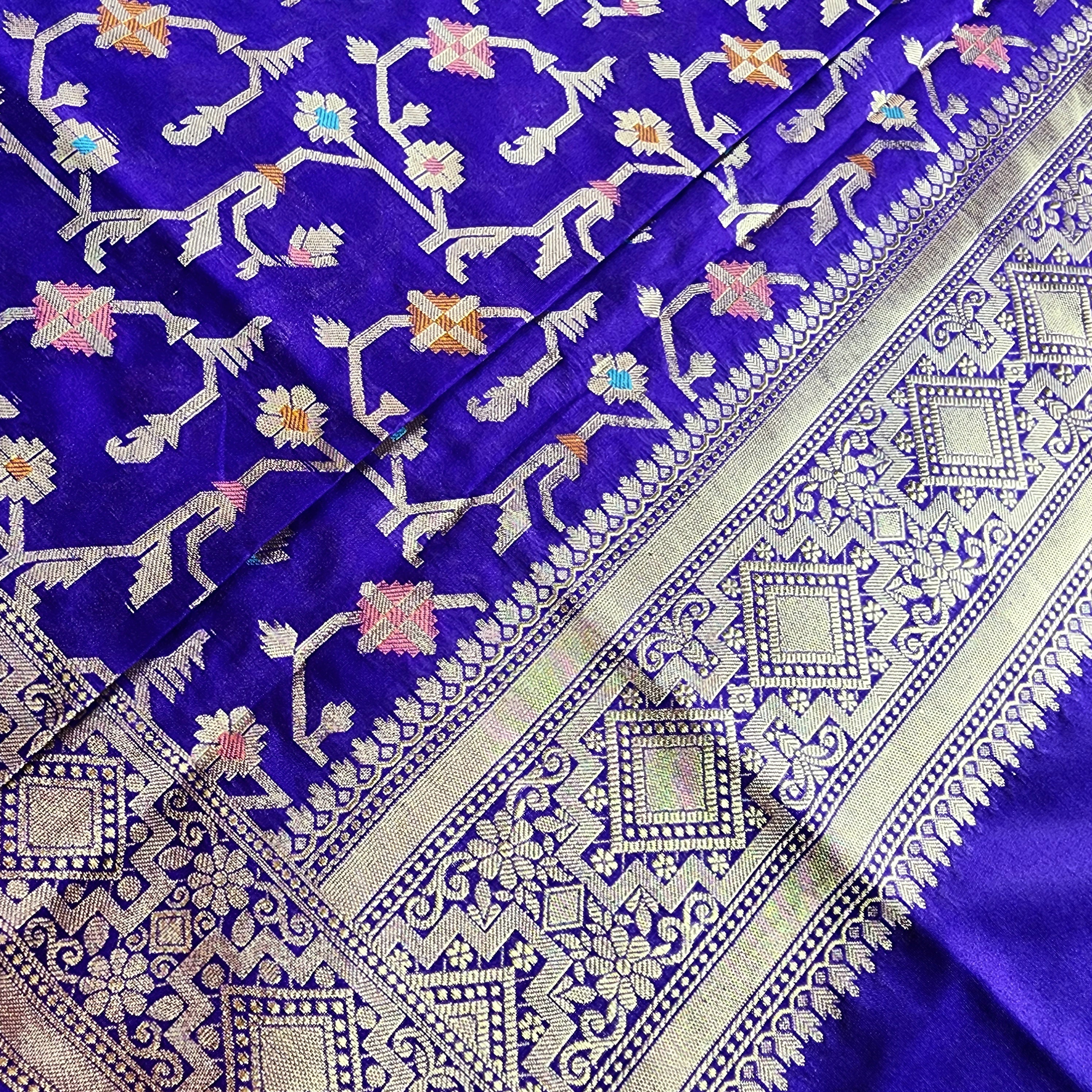 Golden Grid Banarasi Silk Dupatta with Meenakari Work in Electric Blue