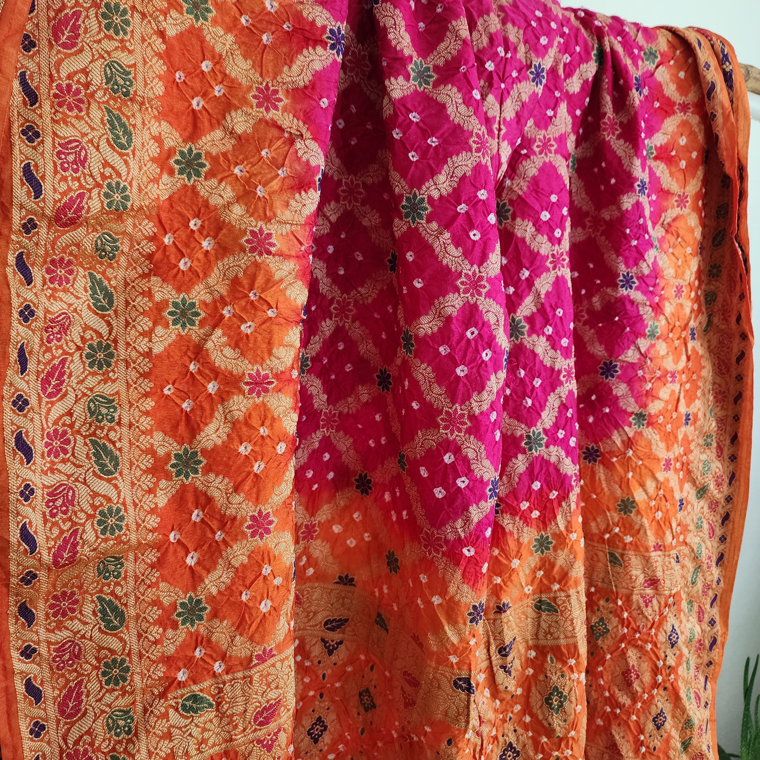 Orange & Rani Pink Bandhni dupatta with Banarasi Meenakari work