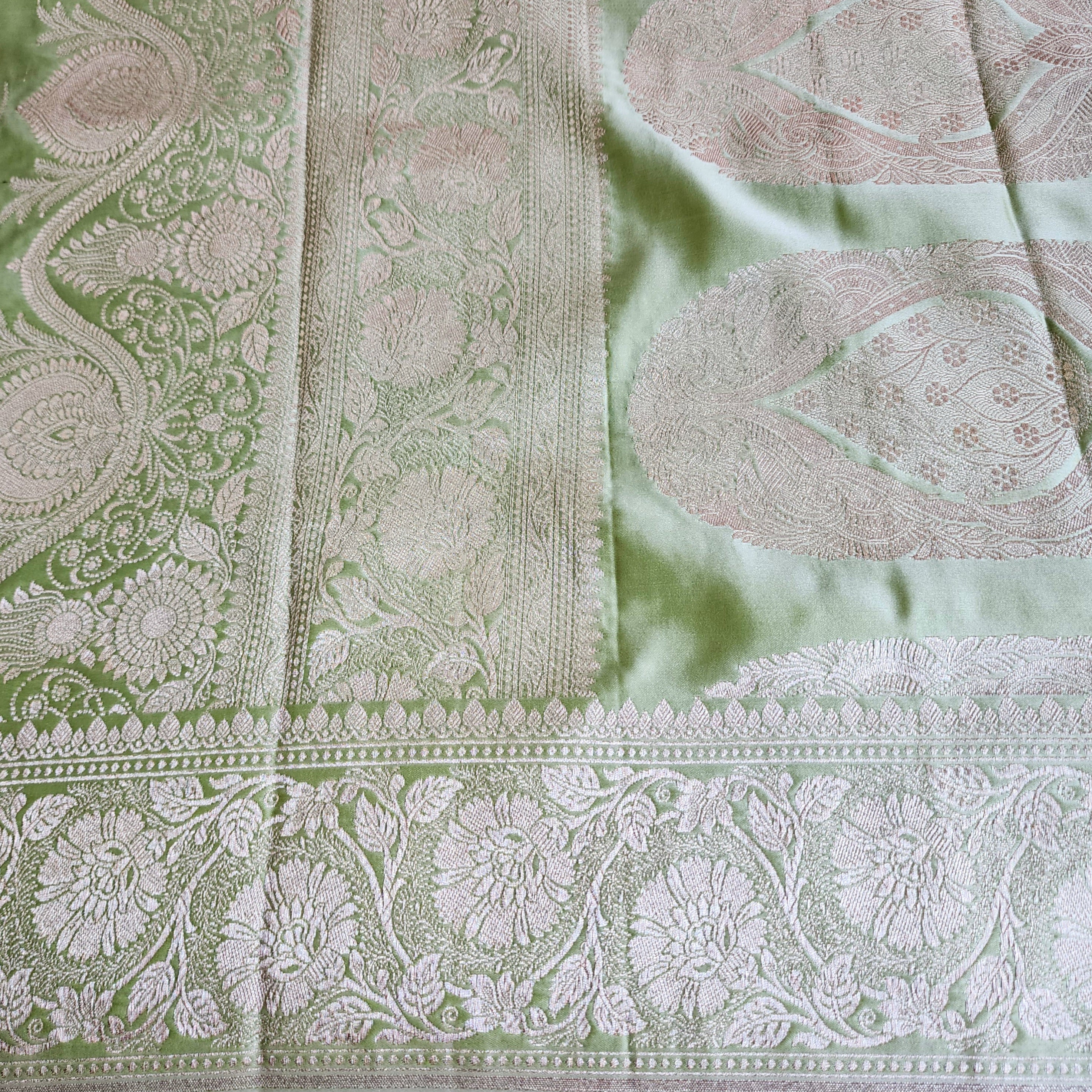 Pastel Sage Green Banarasi Katan Silk Saree with Light Gold Zari weaving