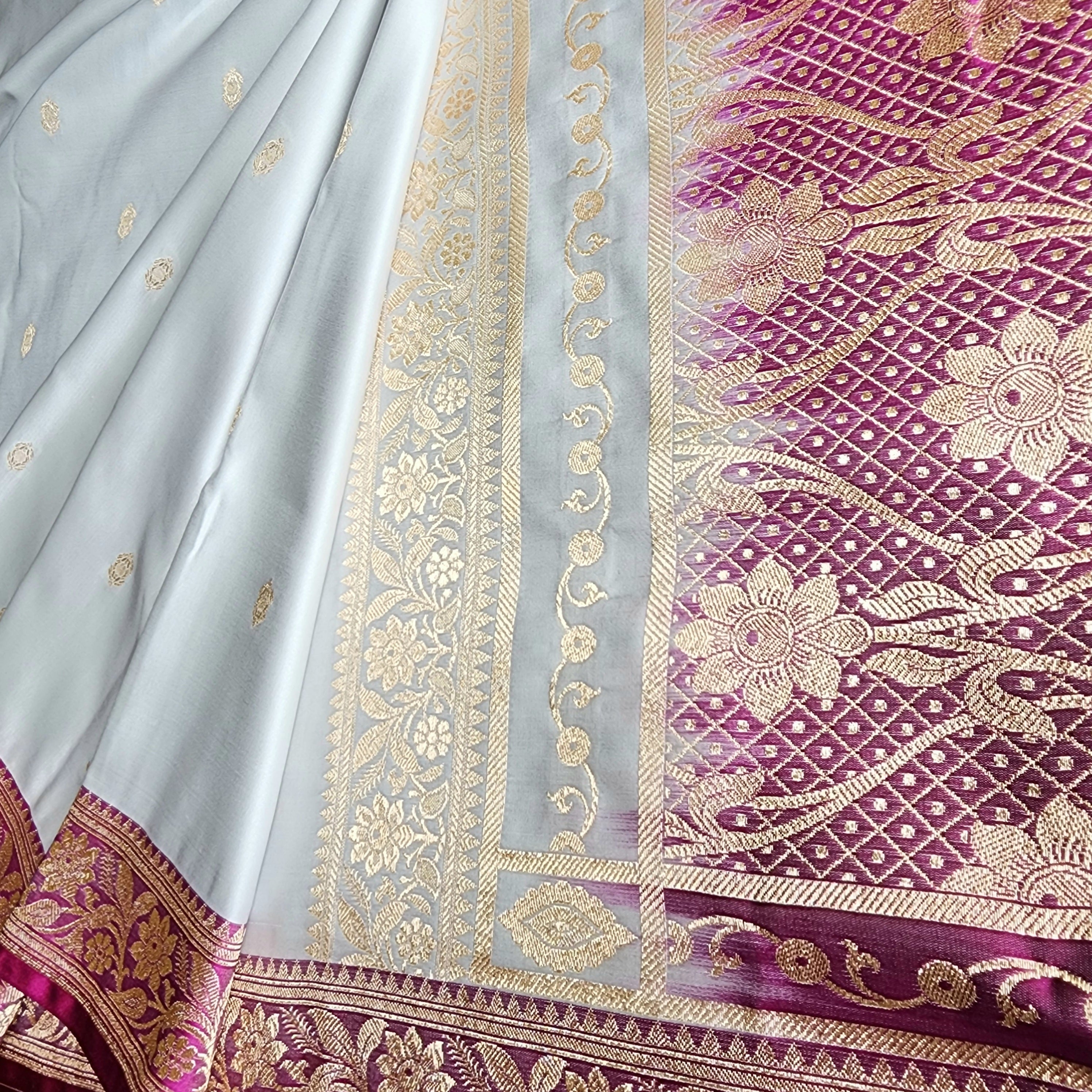 Powder Blue Katan Silk Saree with Purple and Gold Zari Border
