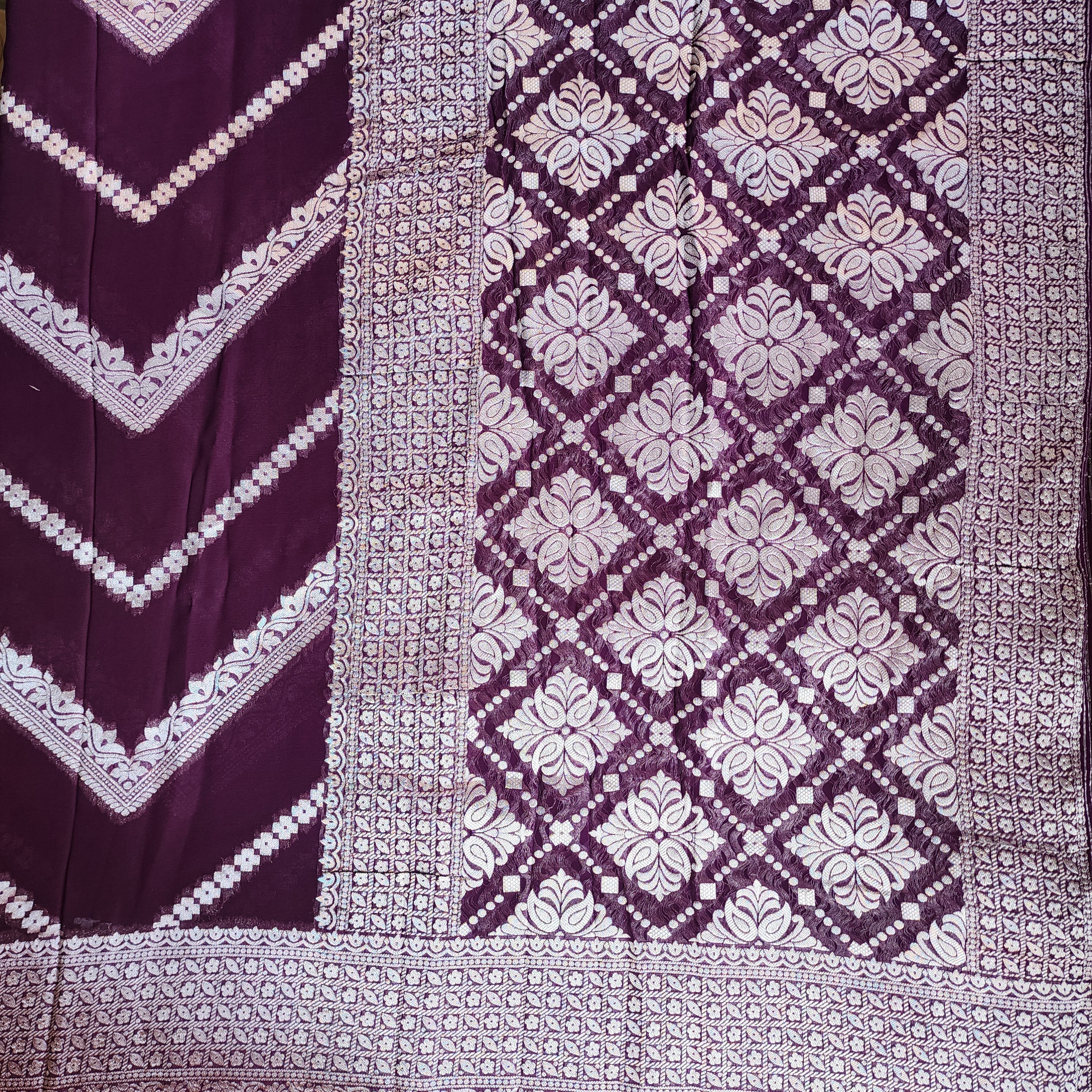 Dark Purple Khaddi Georgette Pure Banarasi Saree with Silver Zari