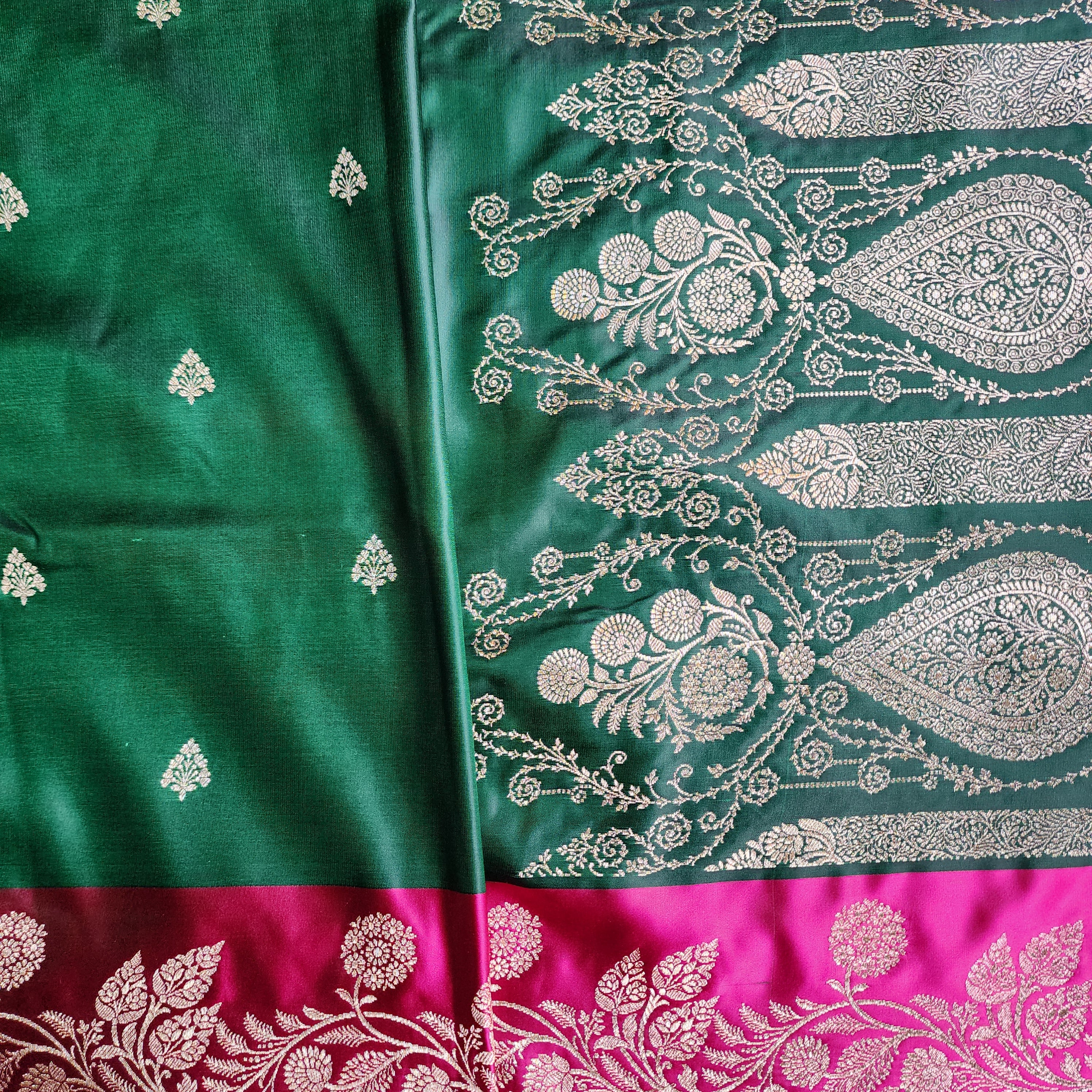 Emerald Green Pure Banarasi Katan Silk Saree with Bright Pink Border