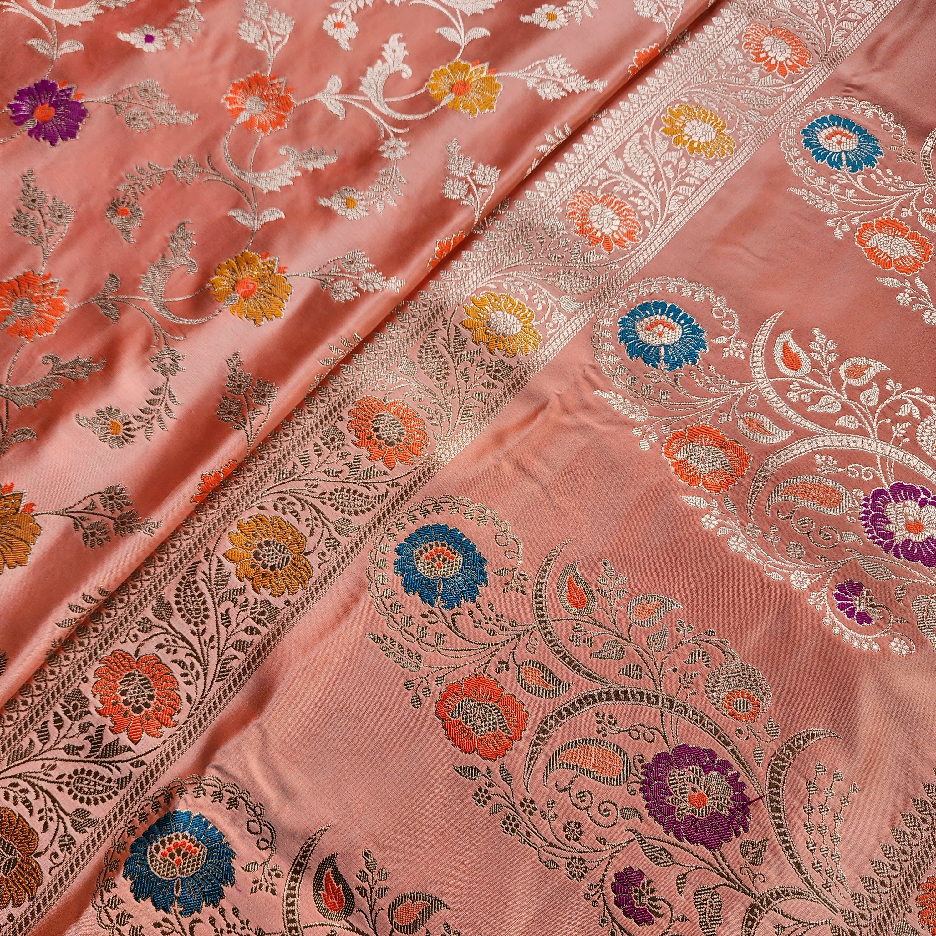 Enriched Banarasi Katan Silk Saree | Peach Multicolor Meenakari Floral Jaal