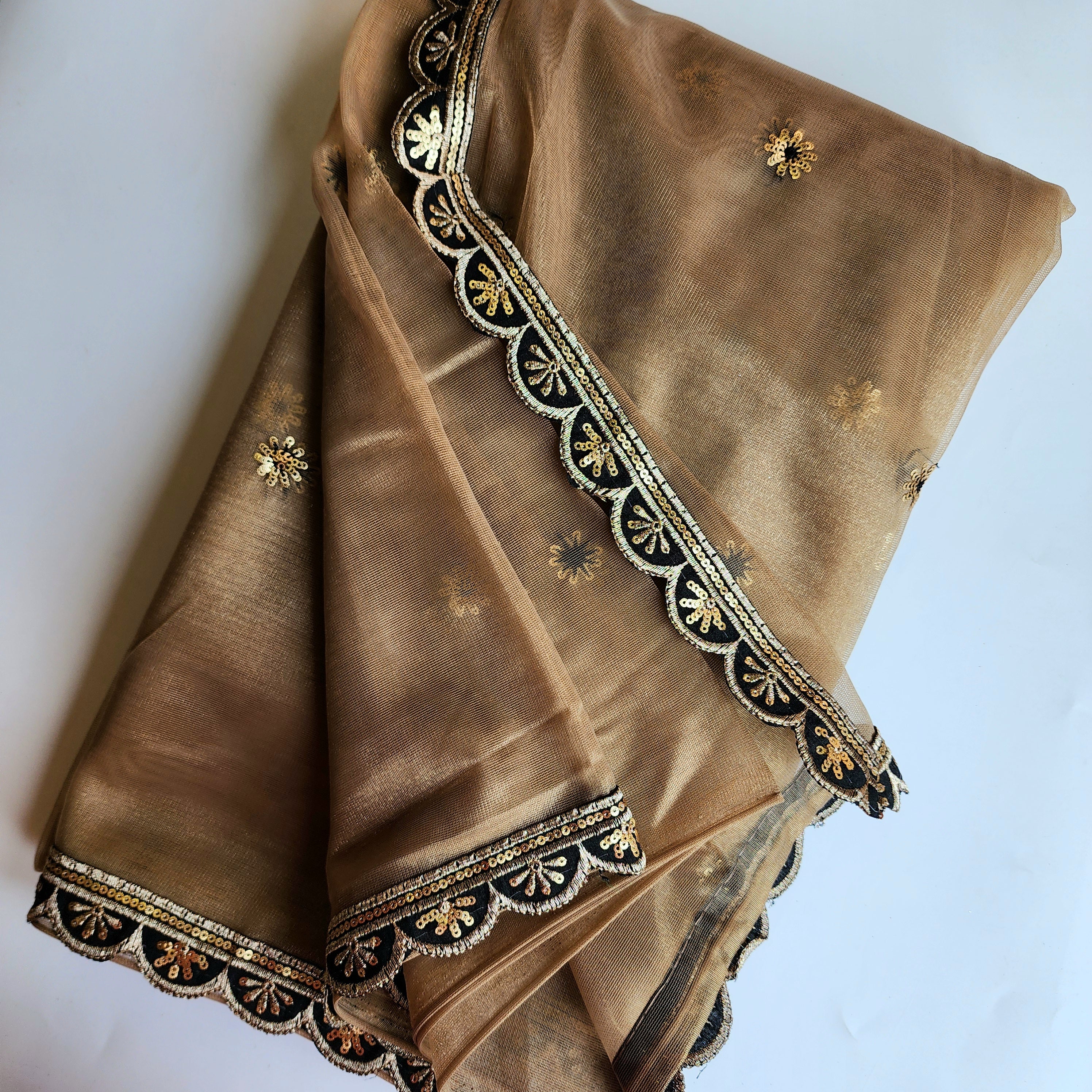 Beige Designer Net Saree with Heavy Embroidery Cut Work Border
