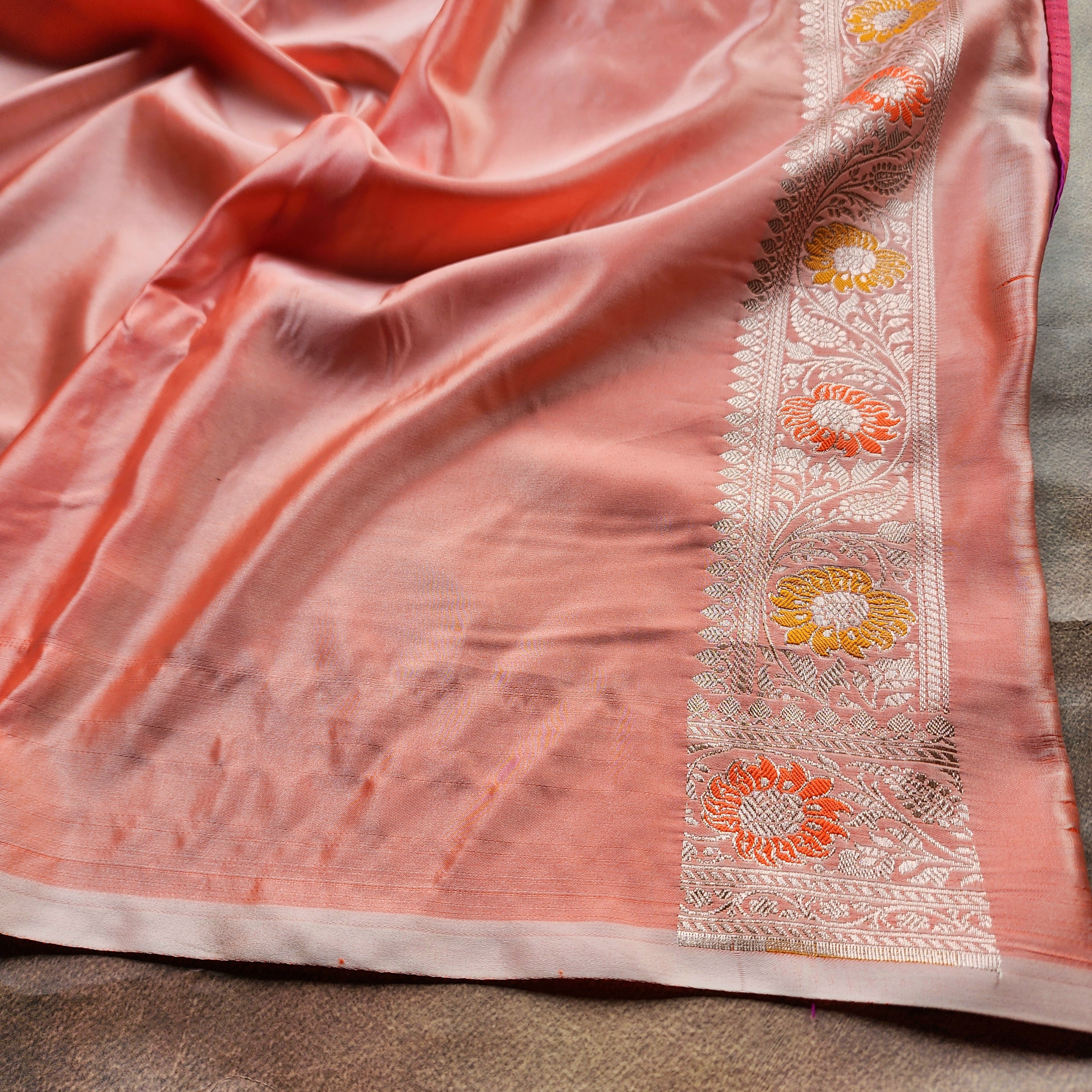 Enriched Banarasi Katan Silk Saree | Peach Multicolor Meenakari Floral Jaal