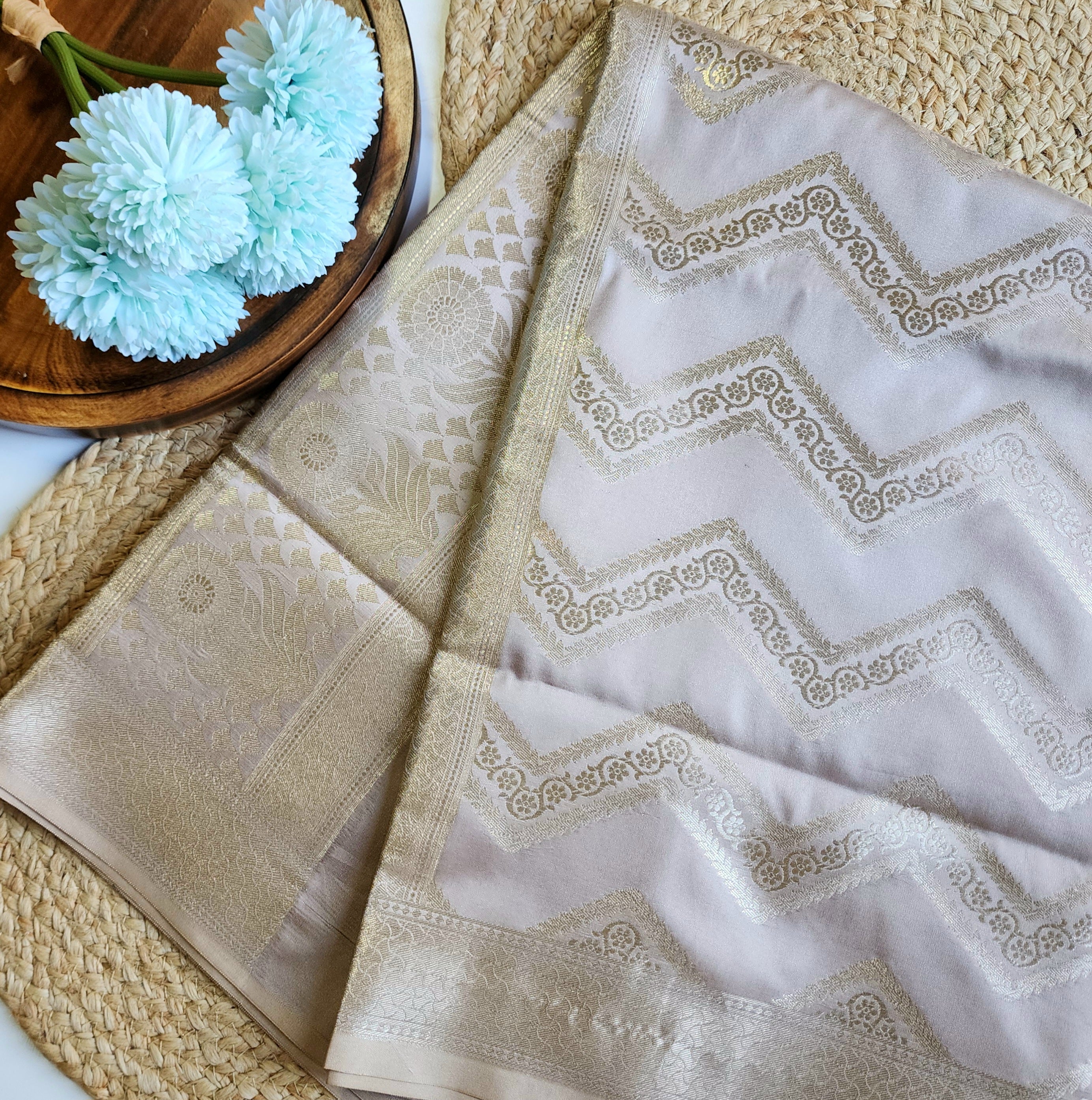 Light Mushroom Banarasi Dupatta with Golden Zigzag Pattern