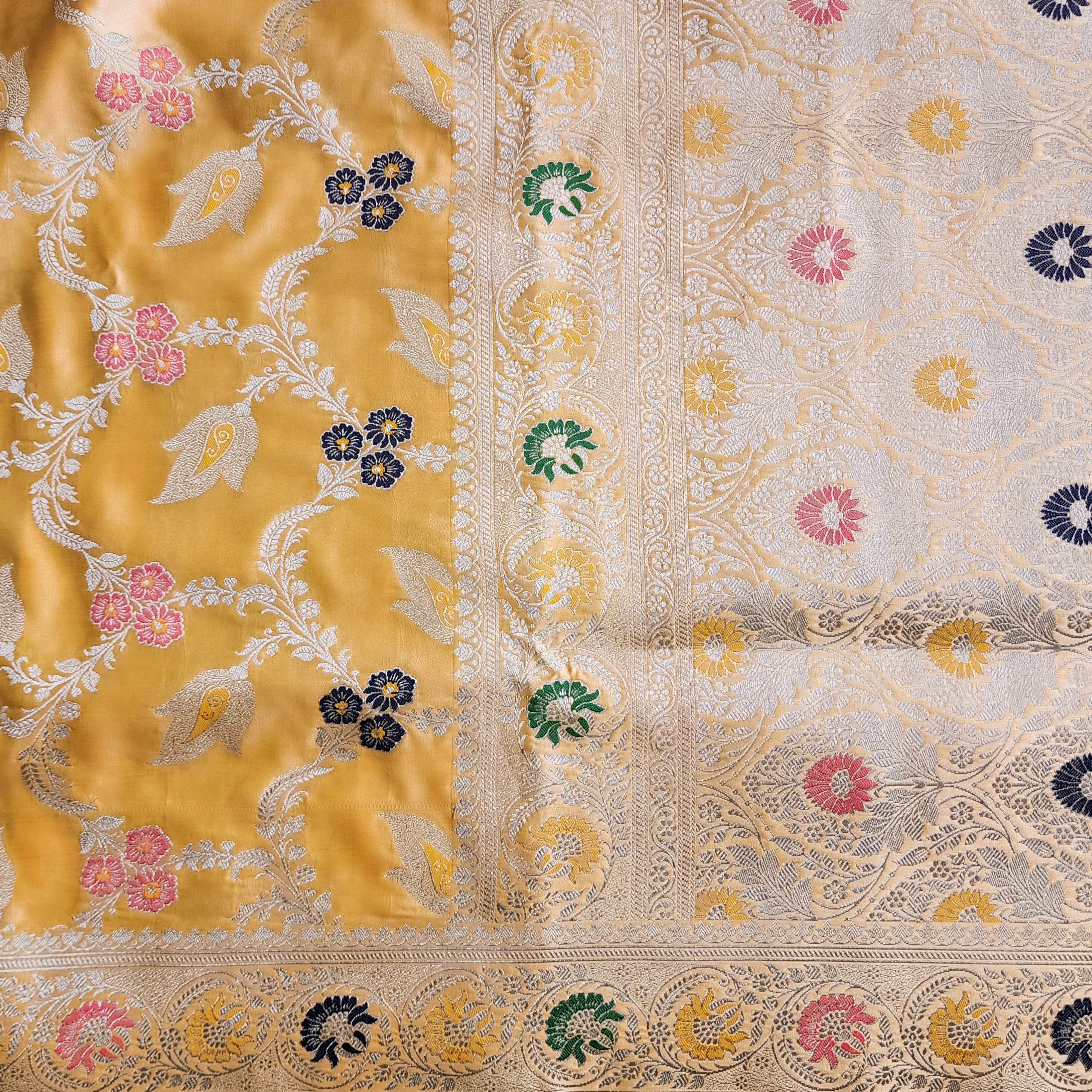 Enriched Light Orange Banarasi Katan Silk Saree with Multicolor Meenakari Floral Jaal