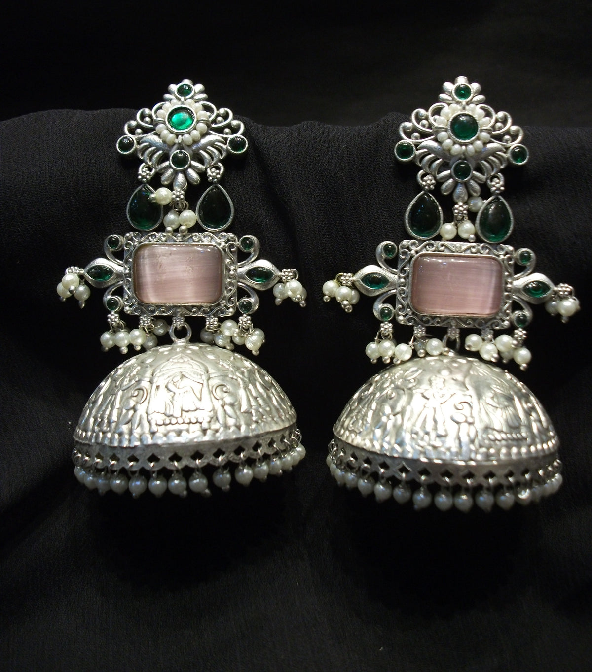Antique Rectangular Blush Pink Cabochon Jhumka Earrings