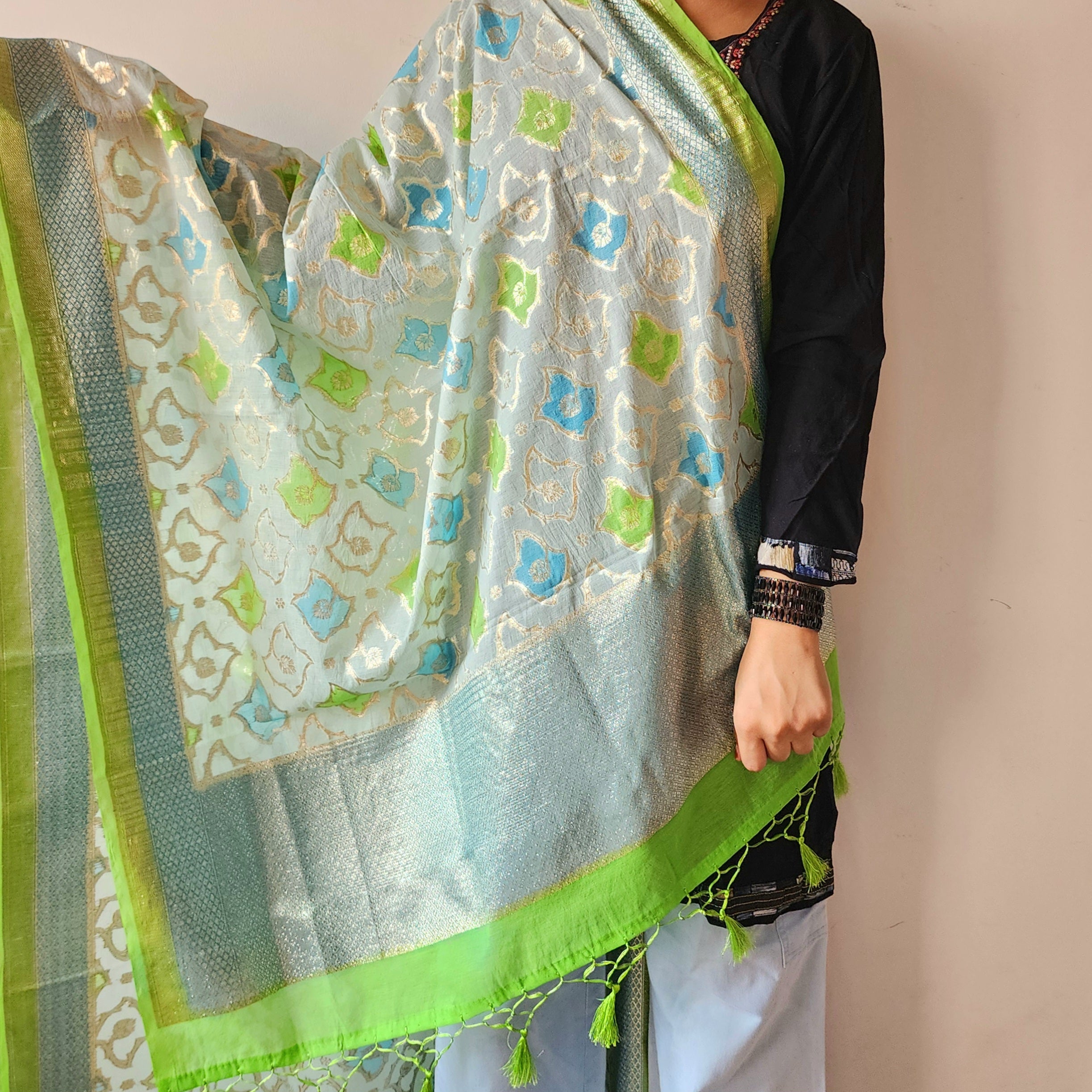 Light Blue Banarasi Brocade Tissue Silk Dupatta
