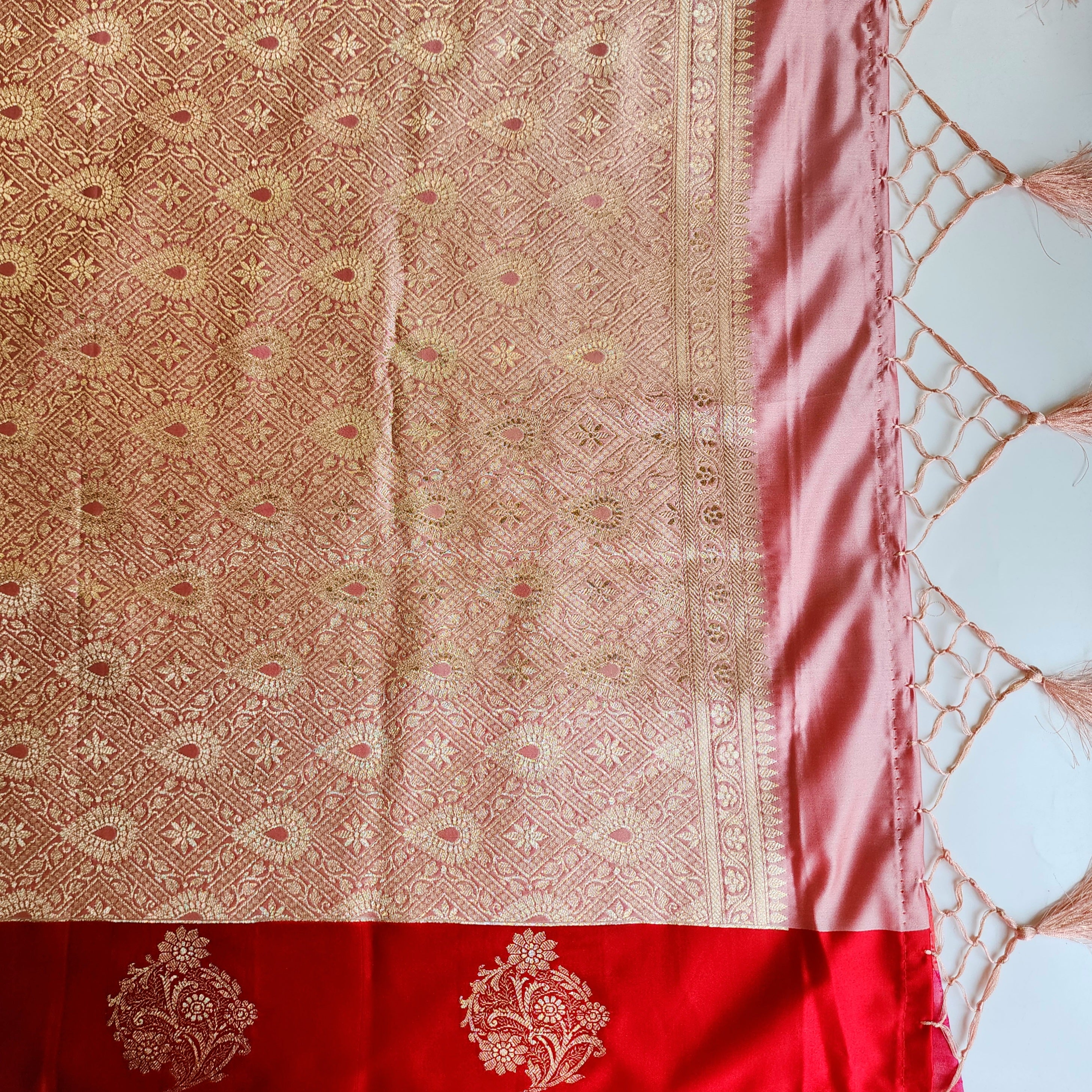 Blush Pink Katan Silk Saree with Red Gold Zari Border