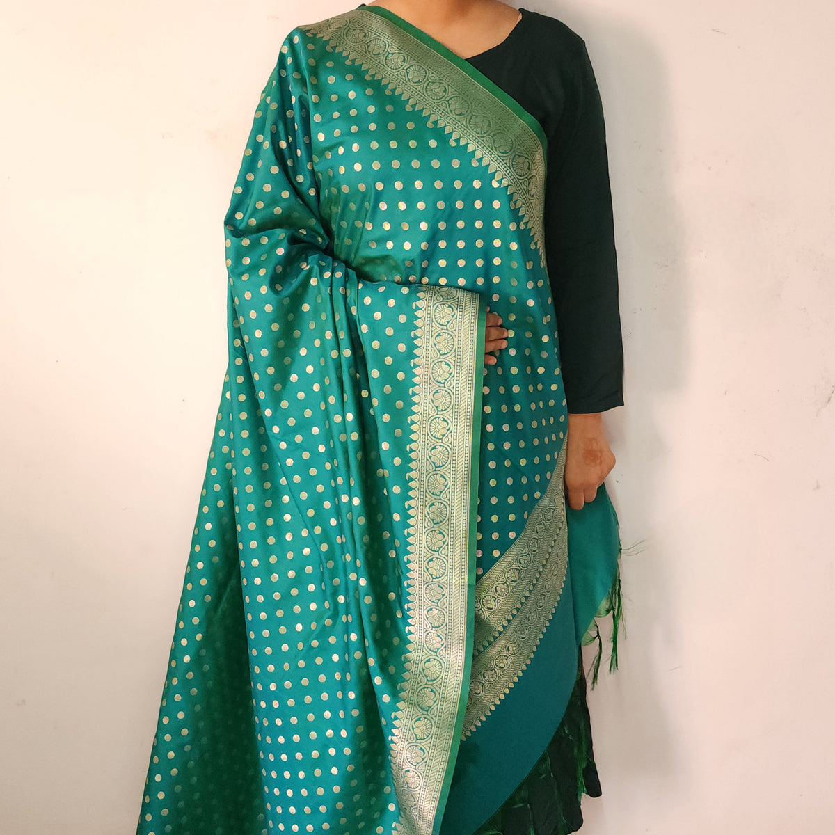 Teal Green Banarasi Silk Dupatta with Gold Polka Dot