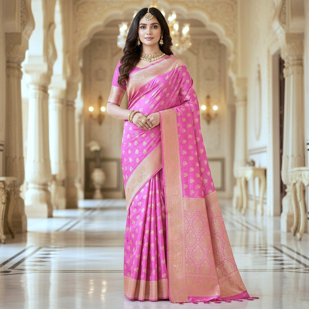 Rich Magenta Pink Banarasi Silk Saree with Gold Zari Weaving