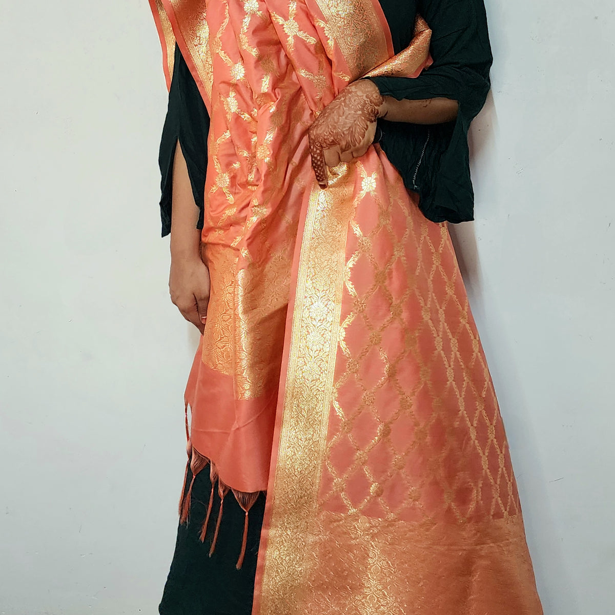 Banarasi Tapetta Silk - Peach Zari Jaal Dupatta