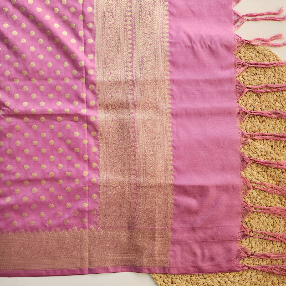 Mauve Pink Banarasi Silk Dupatta with Gold Polka Dot