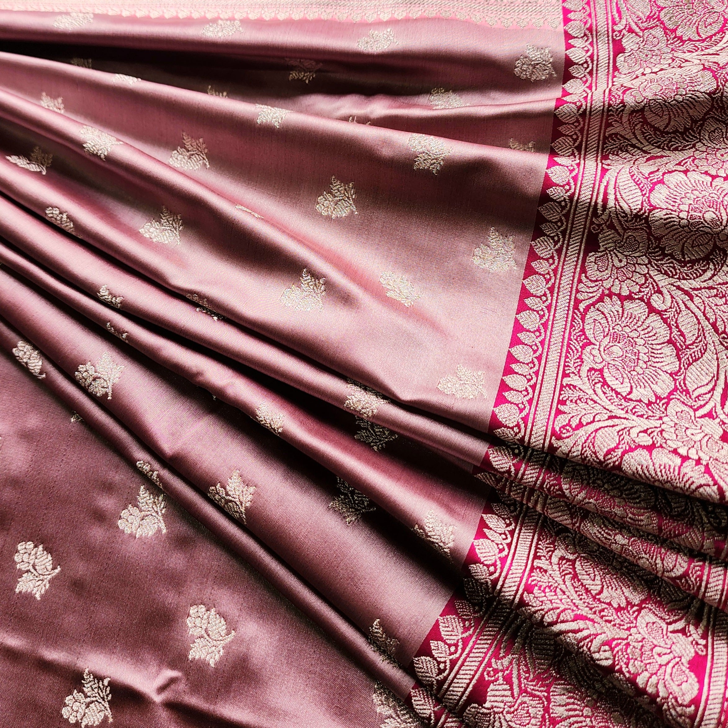 Dusty Mauve Pure Banarasi Katan Silk Saree with light Gold Zari Weaving