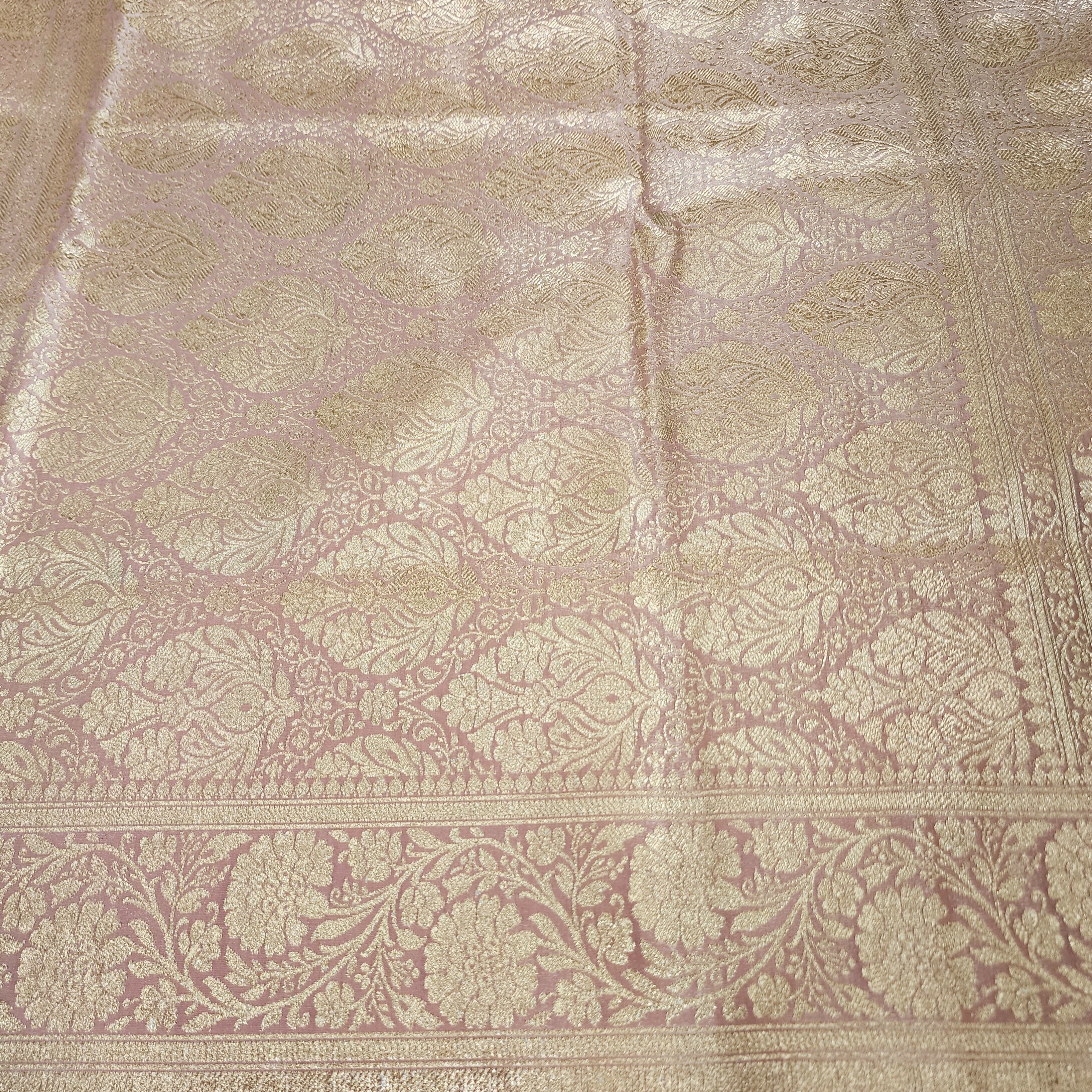 Rich Rose Blush Pink Banarasi Silk Saree with Gold Zari Weaving