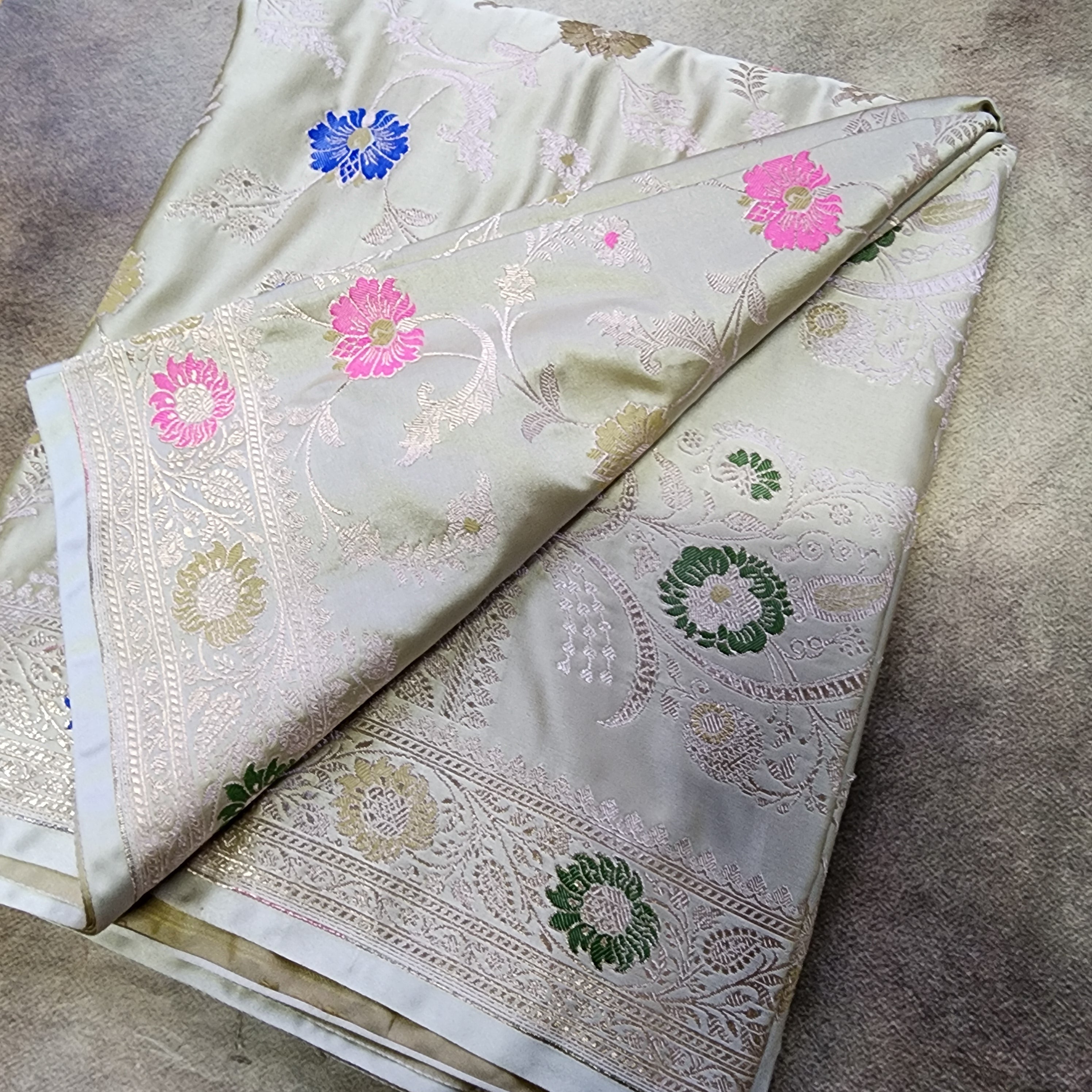 Enriched Banarasi Katan Silk Saree | Light Olive Green Multicolor Meenakari Floral Jaal