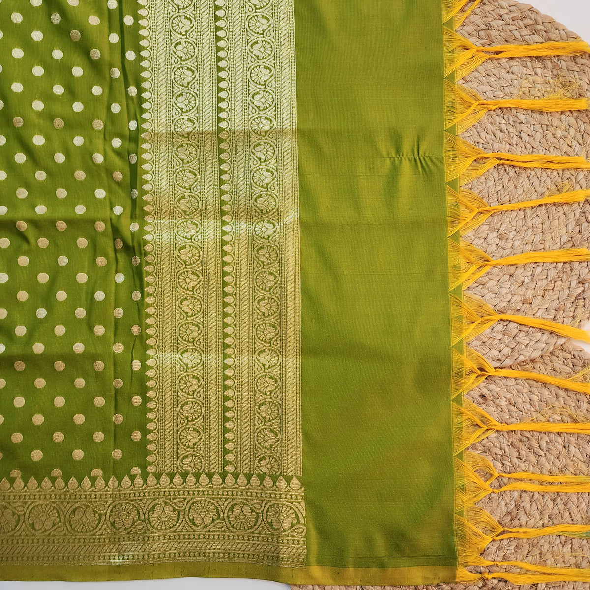 Olive Green Banarasi Silk Dupatta with Gold Polka Dot