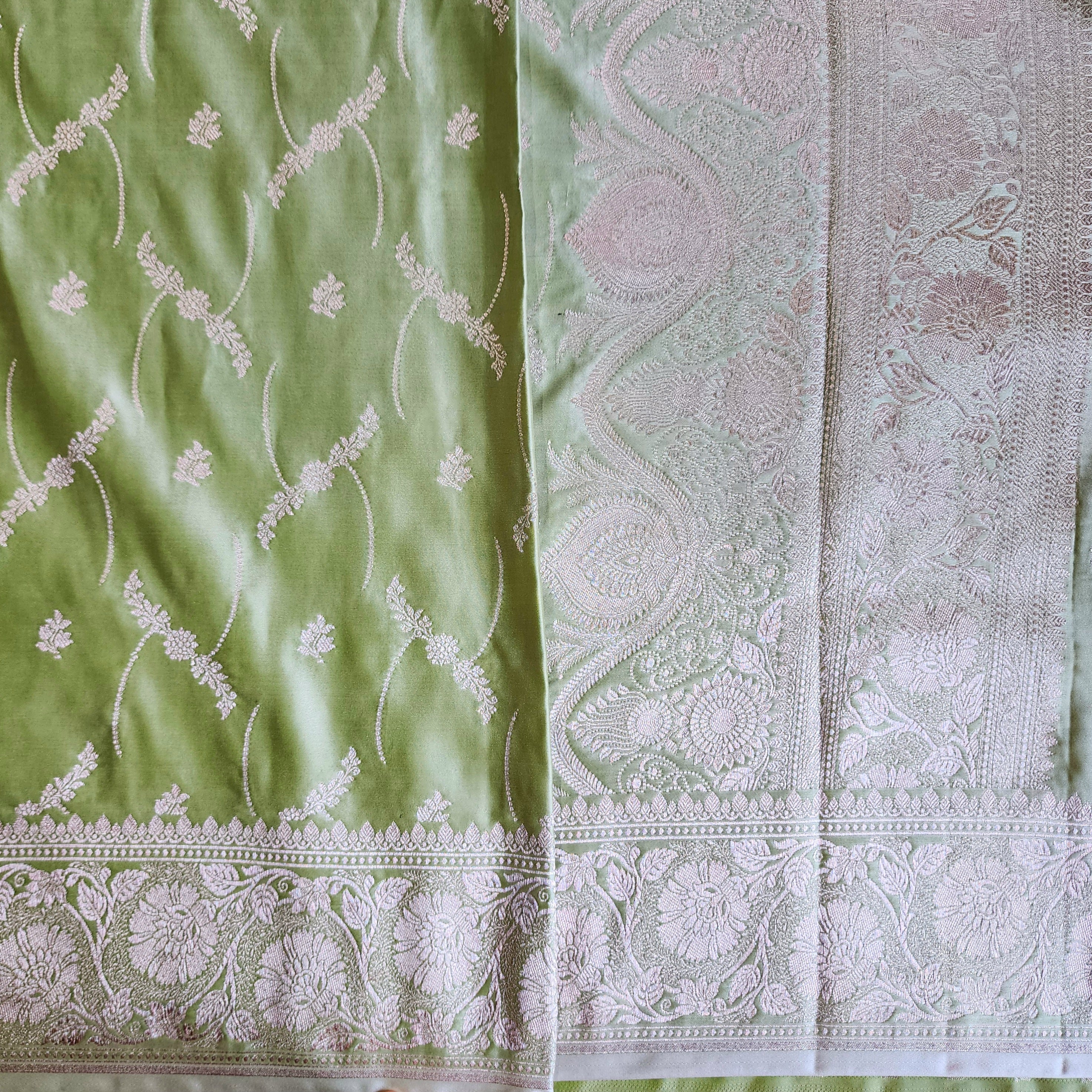 Pastel Sage Green Banarasi Katan Silk Saree with Light Gold Zari weaving