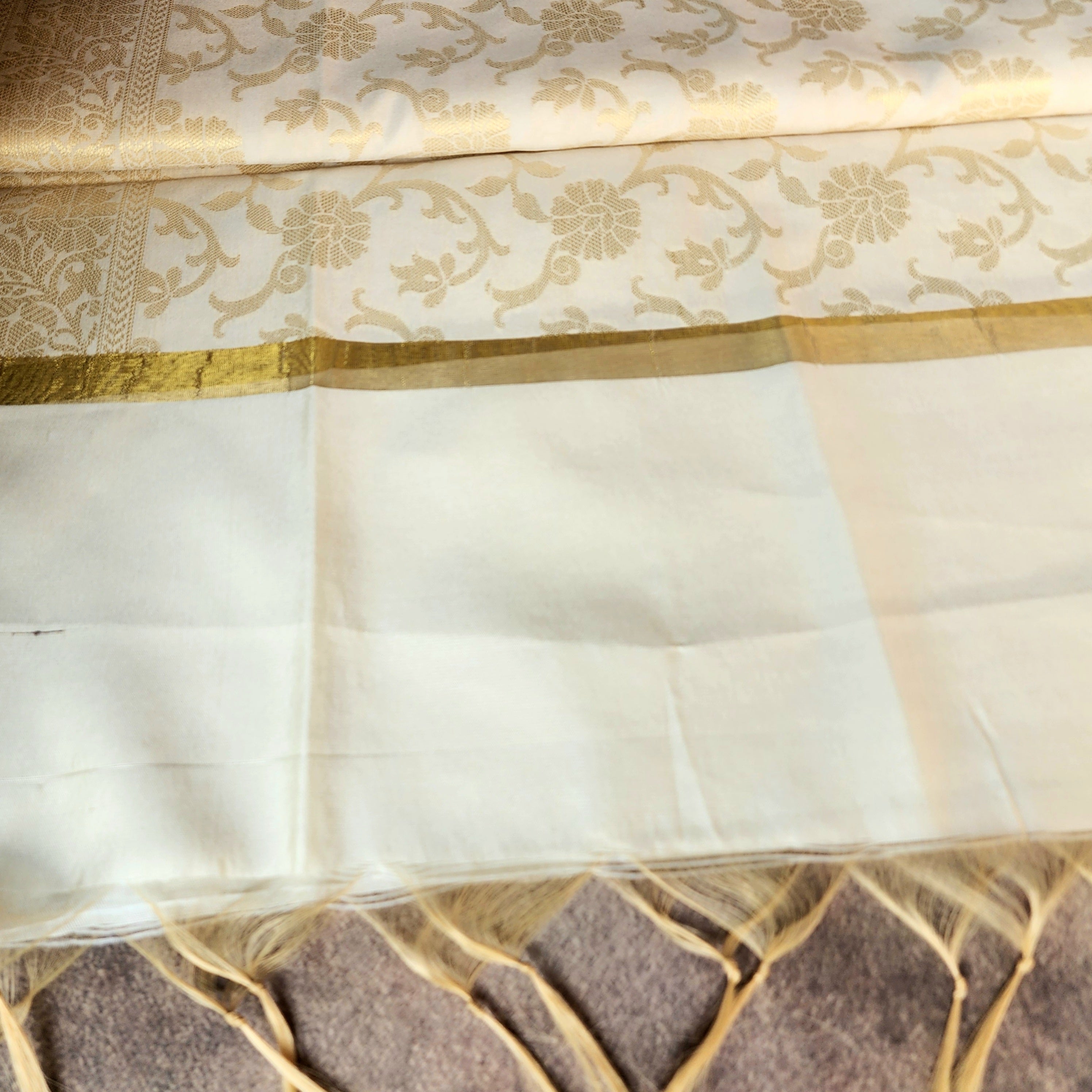 White Banarasi Tapetta Silk Dupatta with Gold Floral Weave