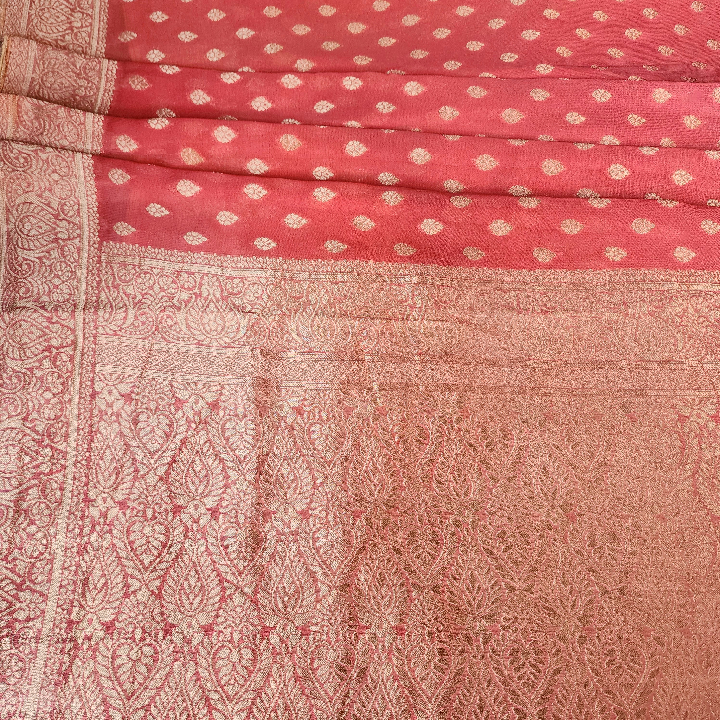Peach Khaddi Georgette Pure Banarasi Saree with Golden Zari
