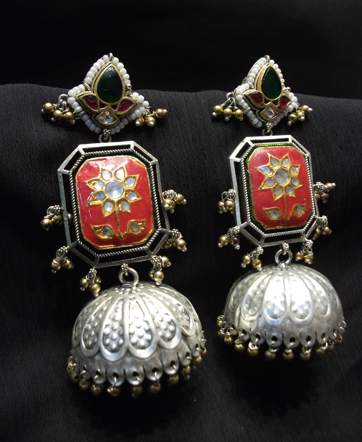 Antique Rectangular Red Enamel & Kundan Flower Earrings