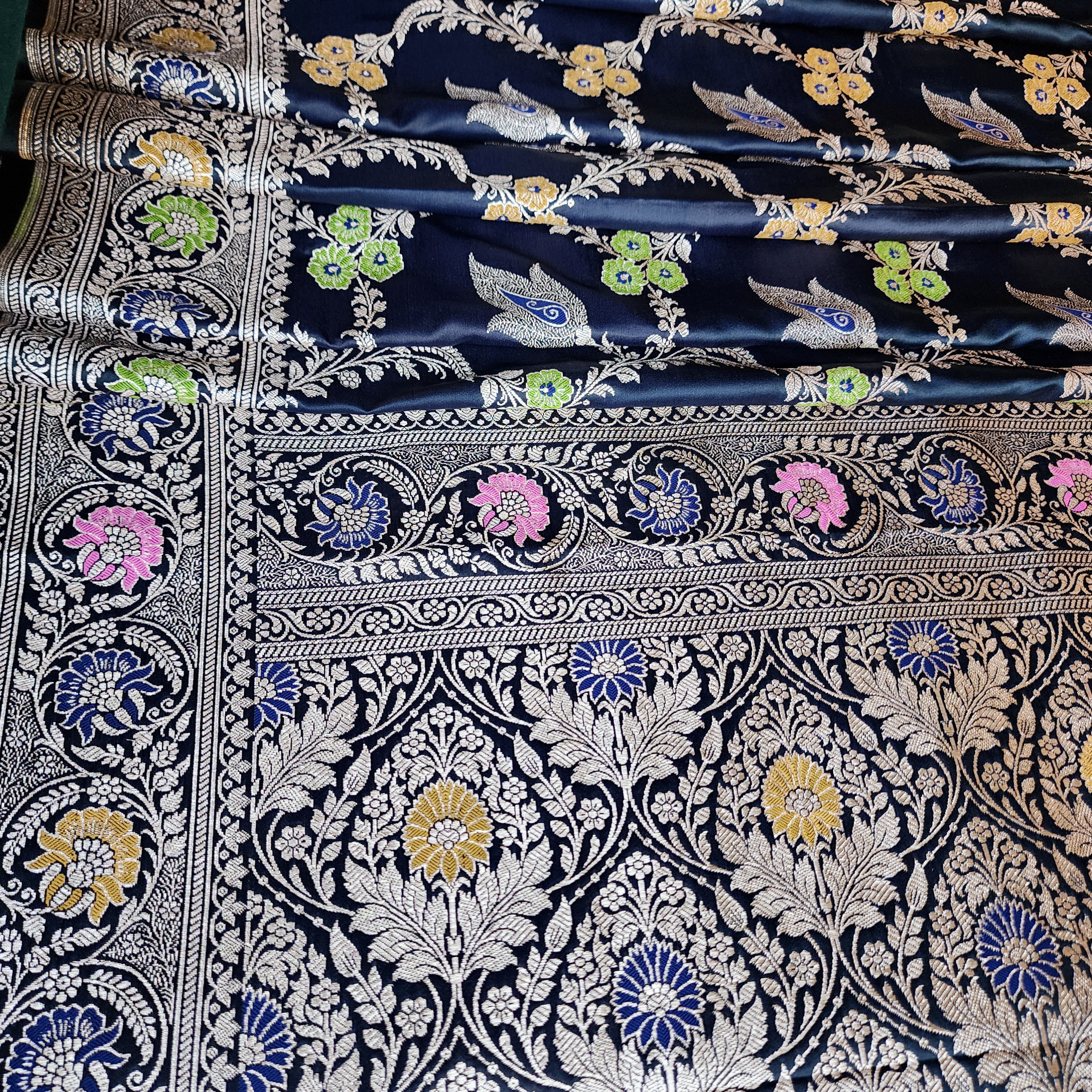 Enriched Midnight Blue Banarasi Katan Silk Saree with Multicolor Meenakari Floral Jaal