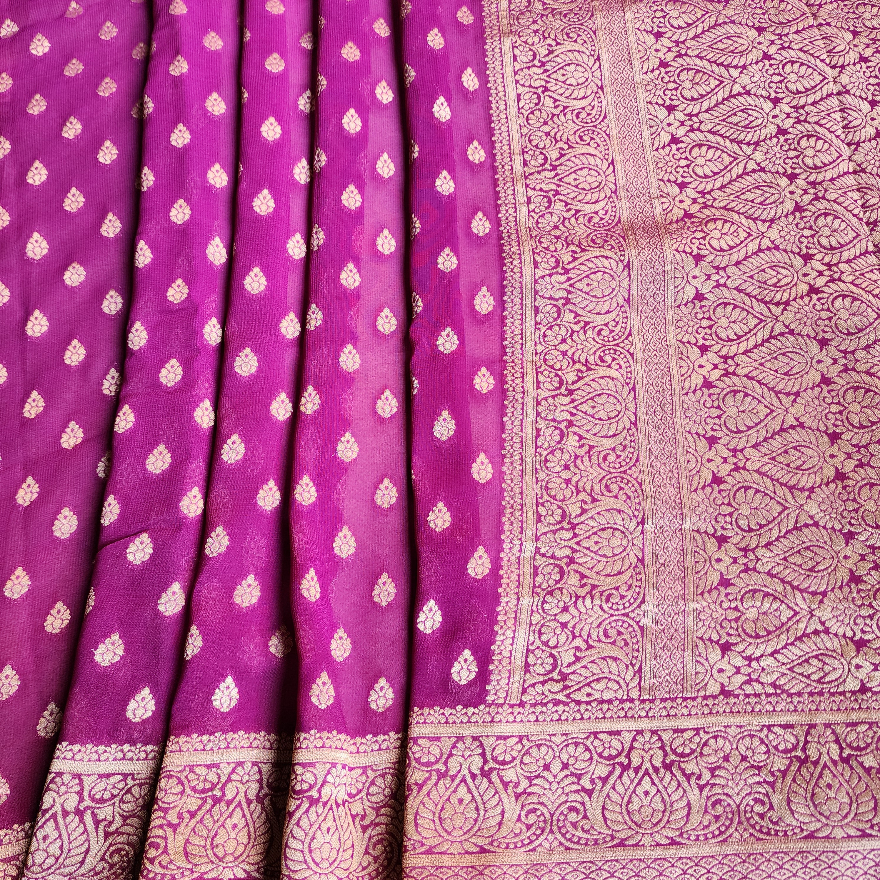 Aubergine Khaddi Georgette Pure Banarasi Saree with Golden Zari