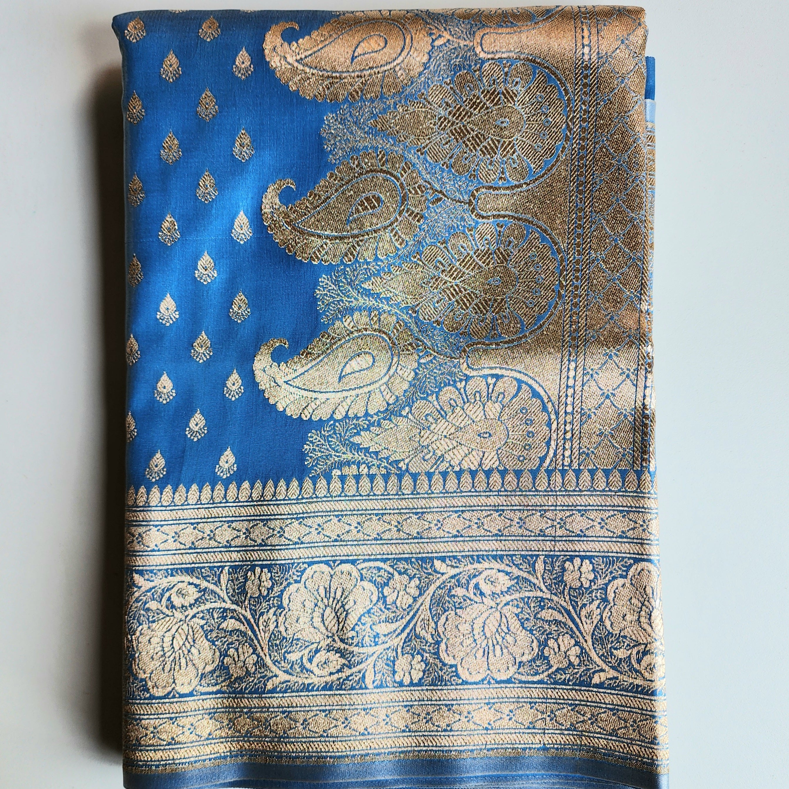 Rich Electric Blue Banarasi Silk Saree with Gold Zari Weaving