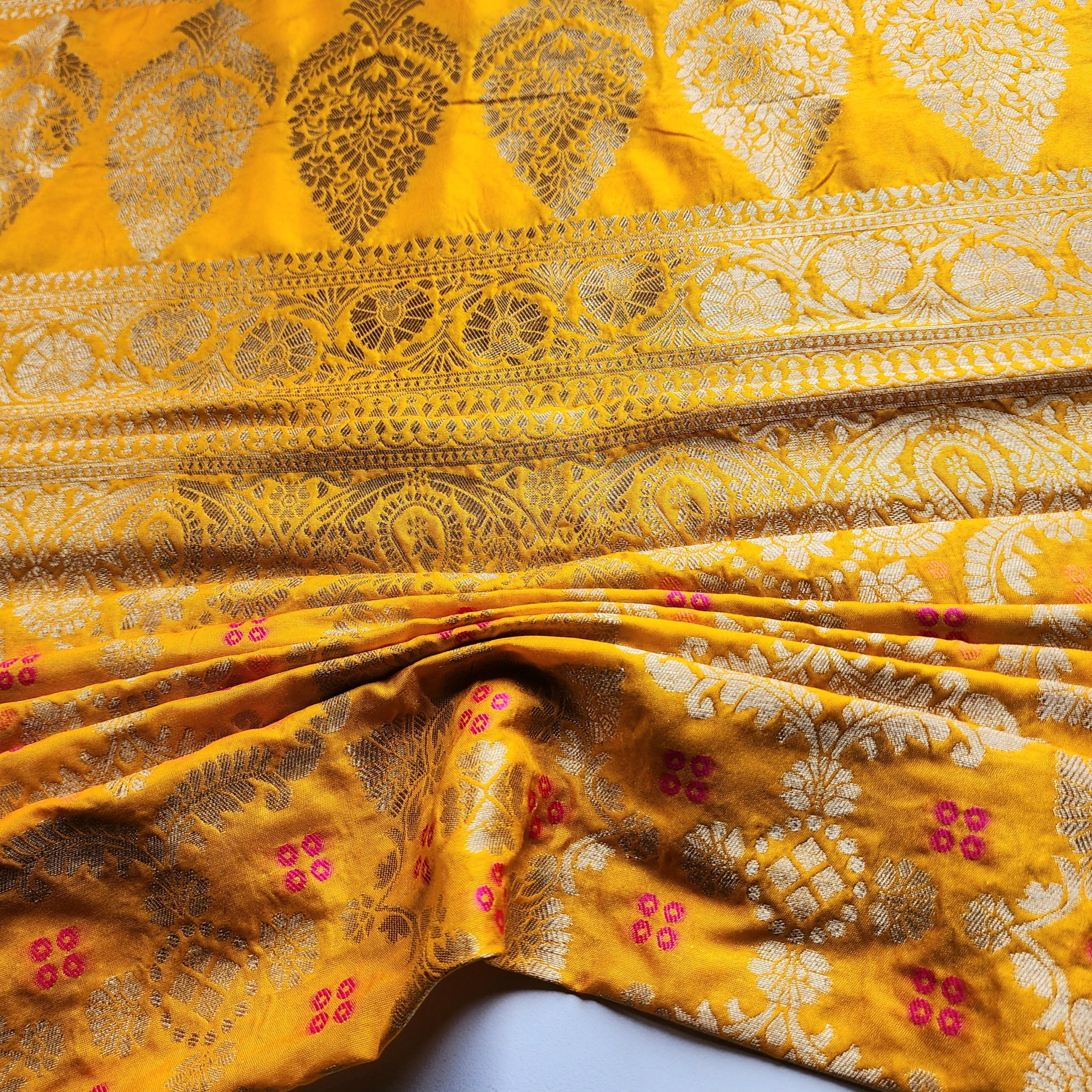 Mustard Gold Bandhani Dupatta with Floral and Geometric Zari Weave