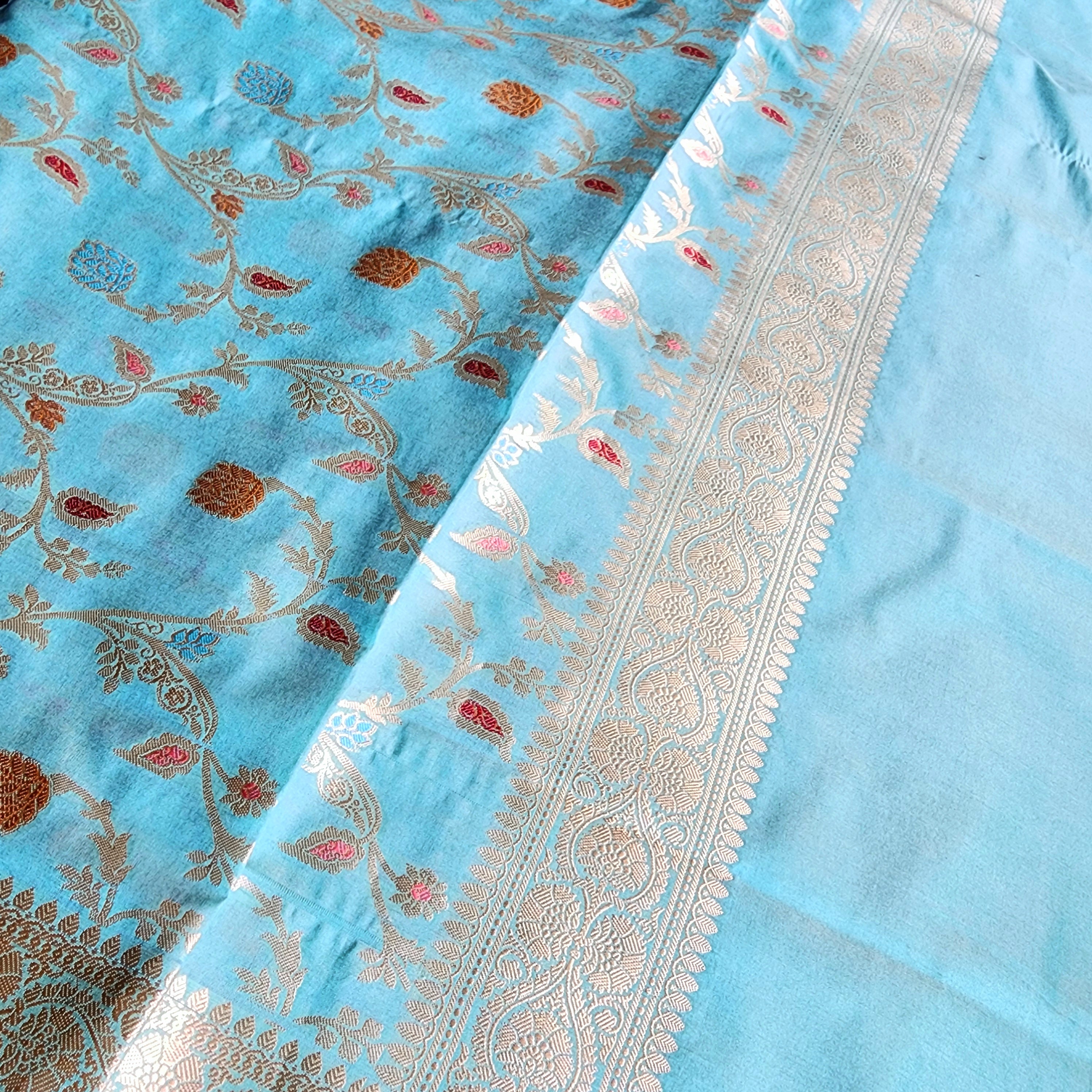 Pastel Sky Blue Banarasi Silk Dupatta with Gold Zari Border & Multicolor Meenakari Work
