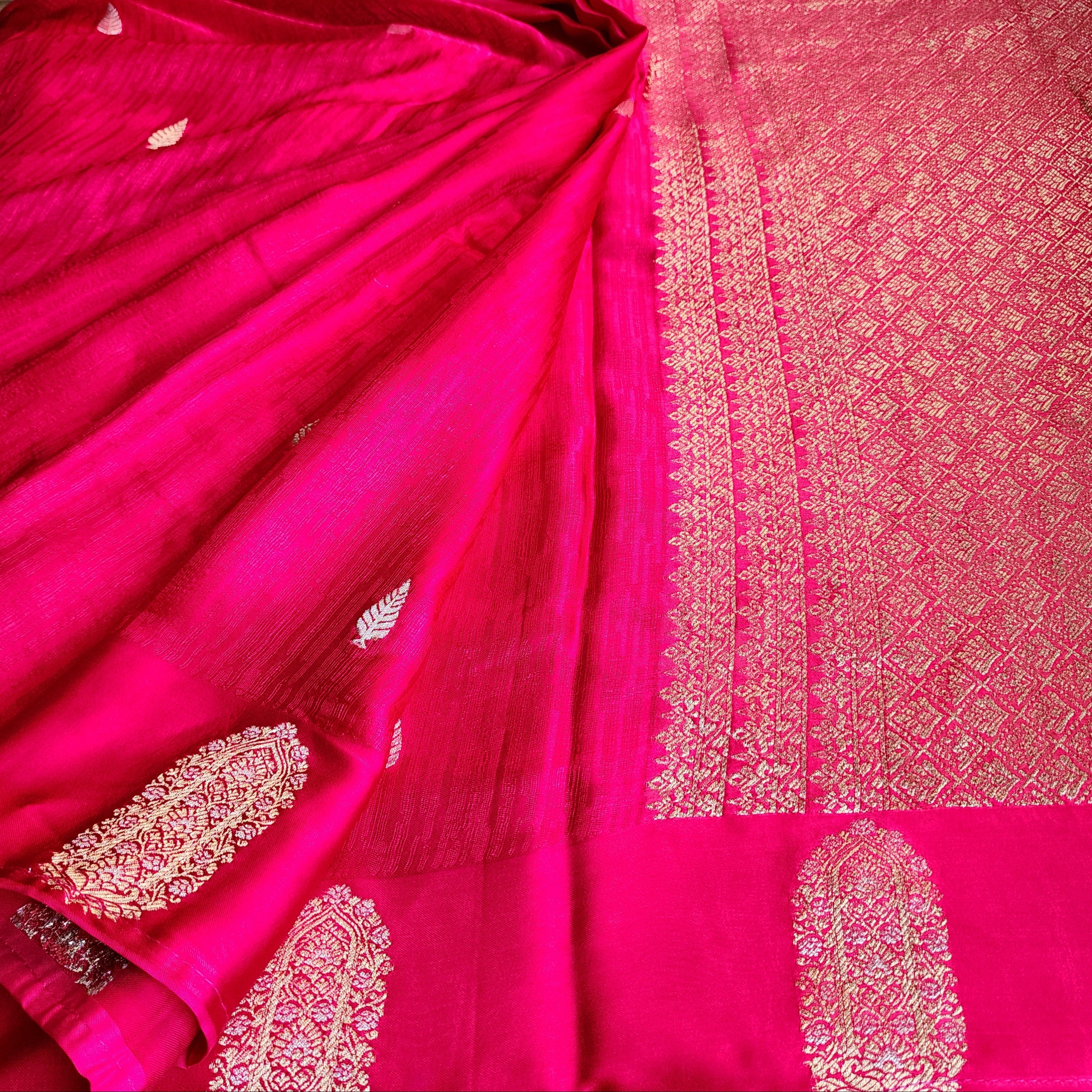 Bright Rani Pink Mashru Tanchoi Saree with Gold Zari