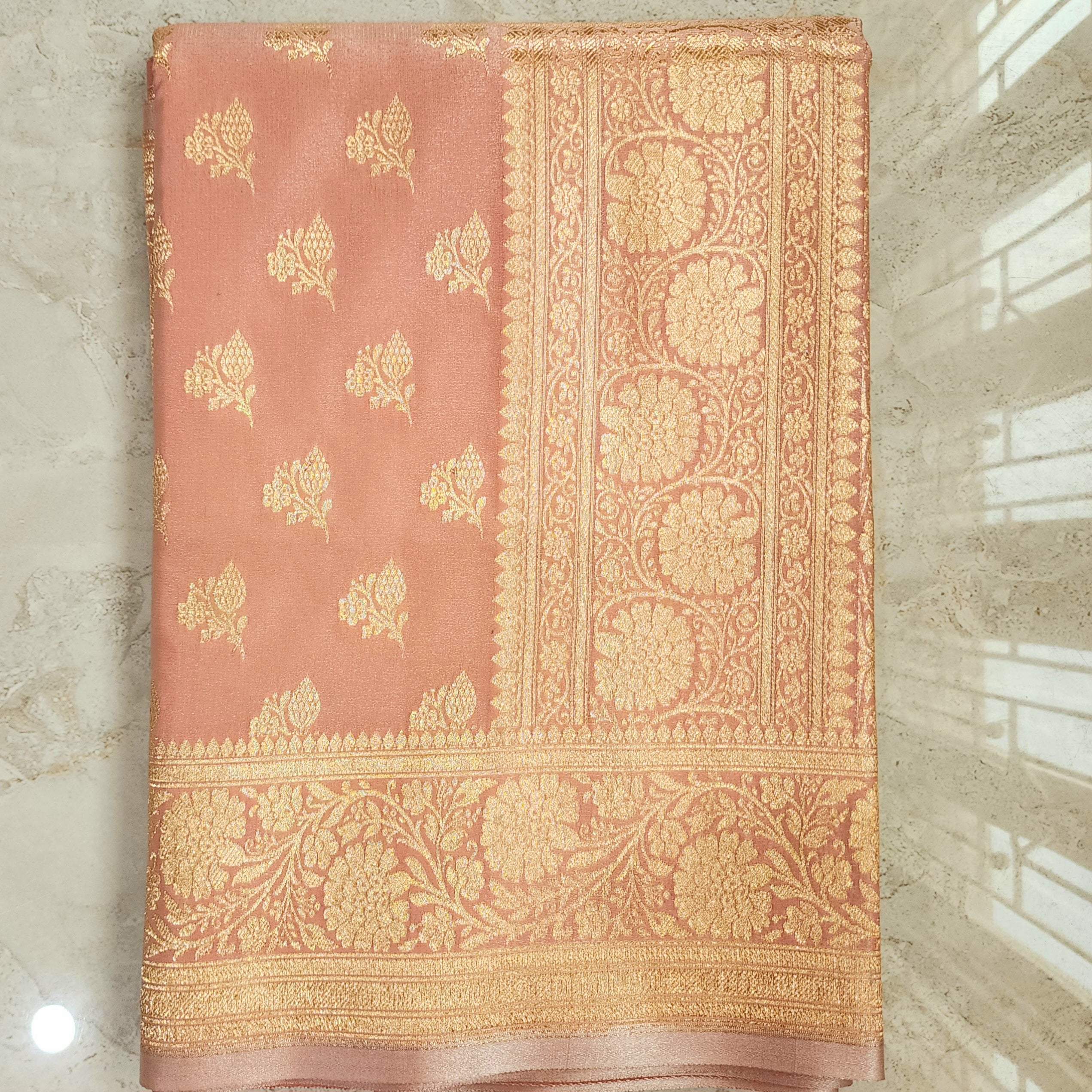 Rich Rose Blush Pink Banarasi Silk Saree with Gold Zari Weaving