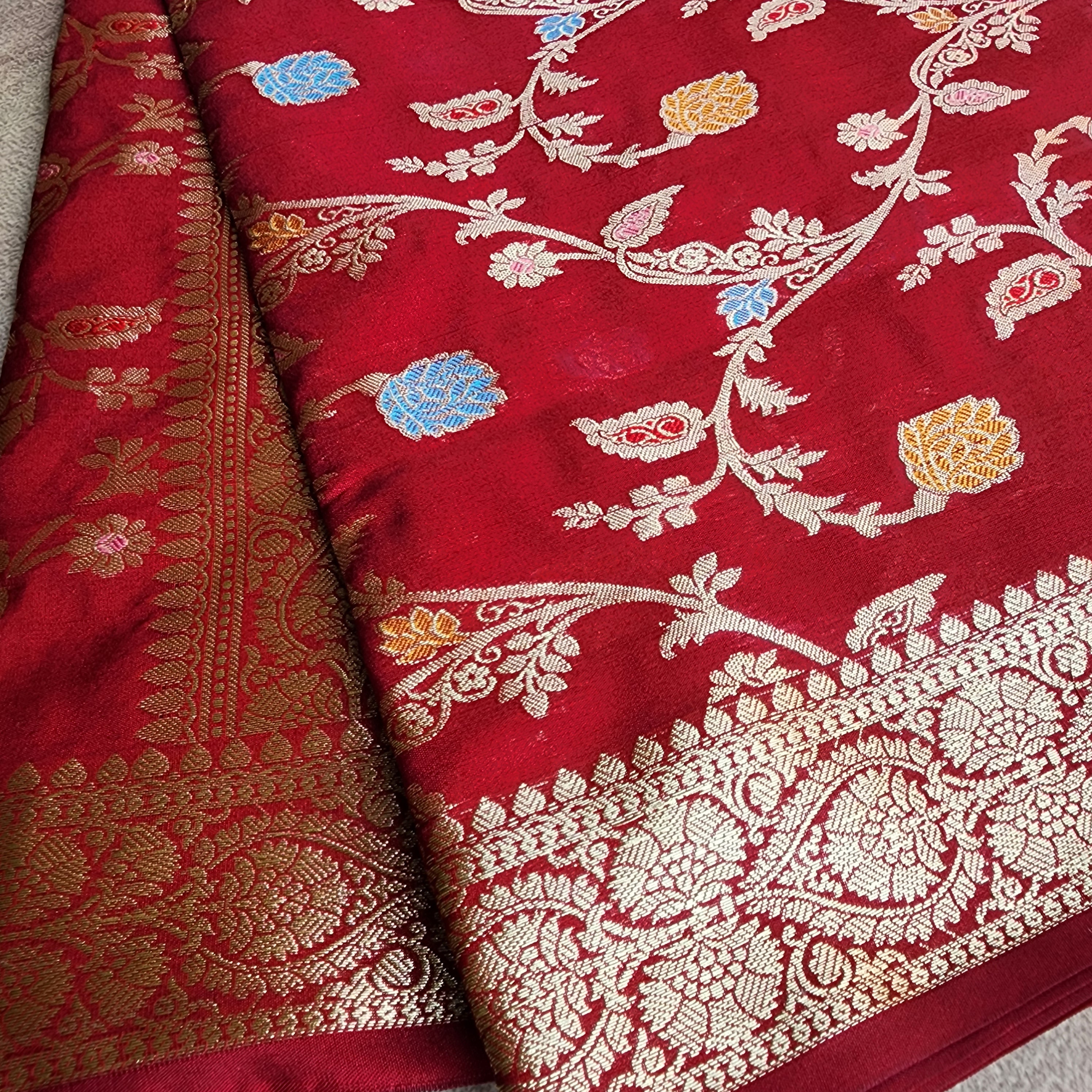 Maroon Banarasi Silk Dupatta with Gold Zari Border & Multicolor Meenakari Work