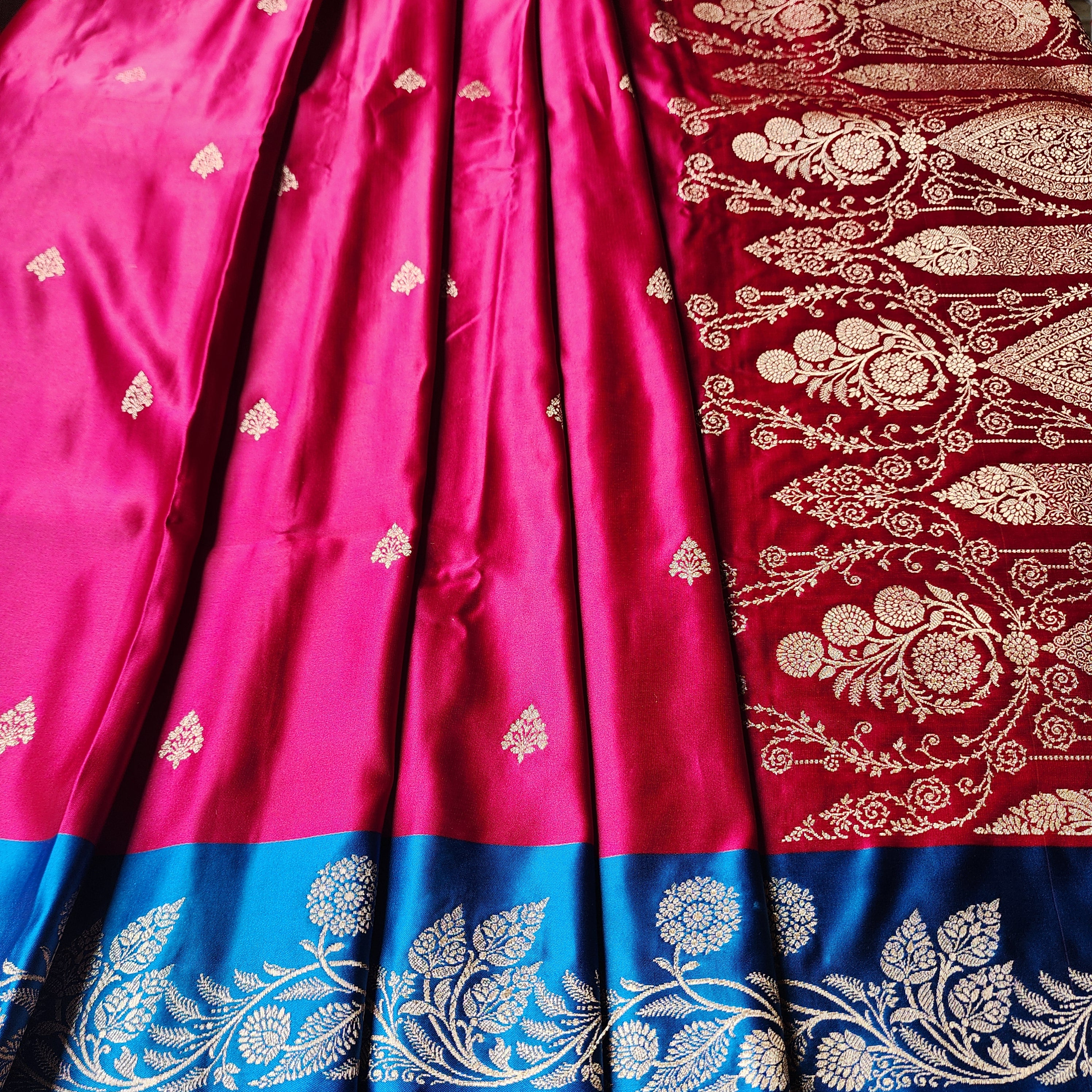 Rani Red Pure Banarasi Katan Silk Saree with Cobalt Blue Border