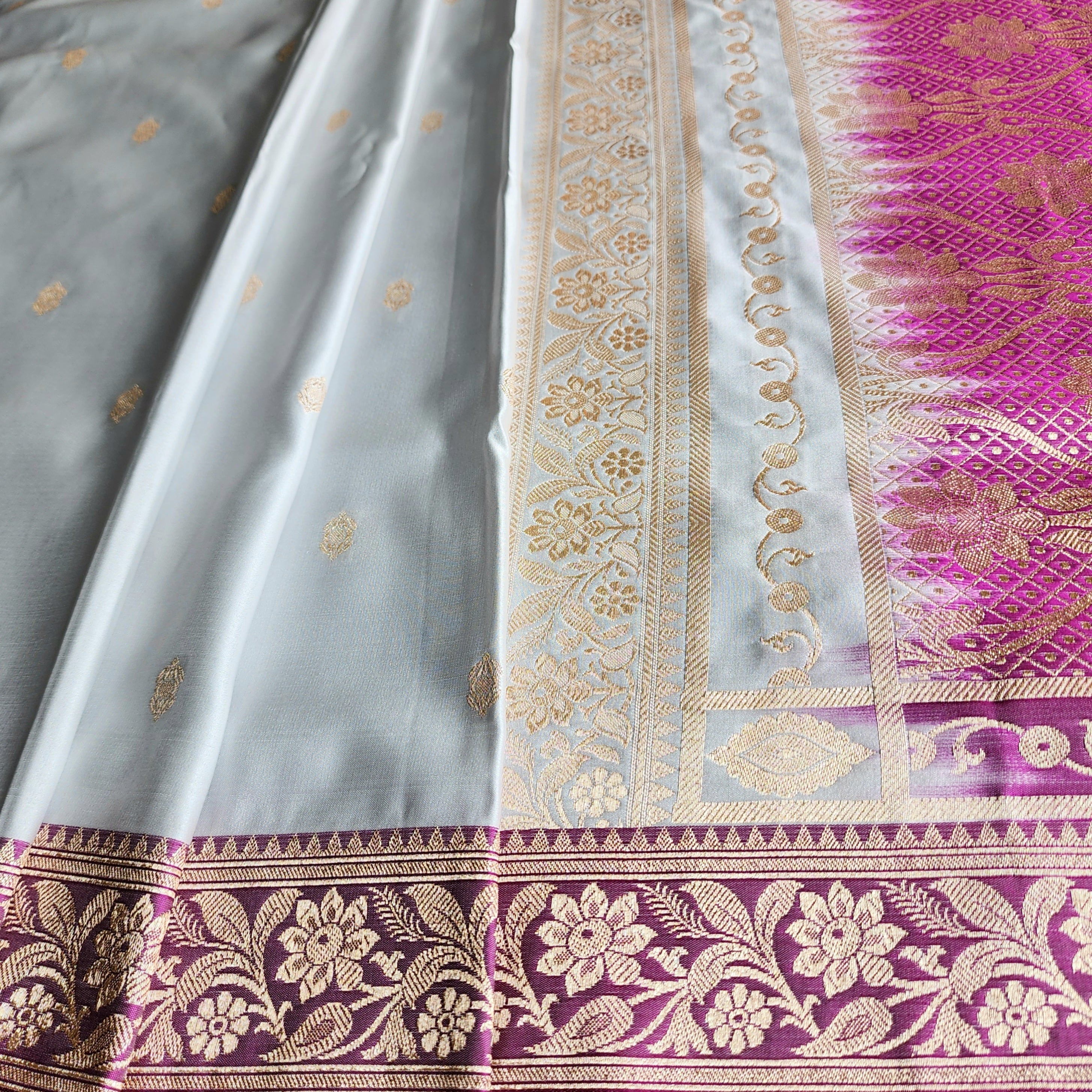 Powder Blue Katan Silk Saree with Purple and Gold Zari Border
