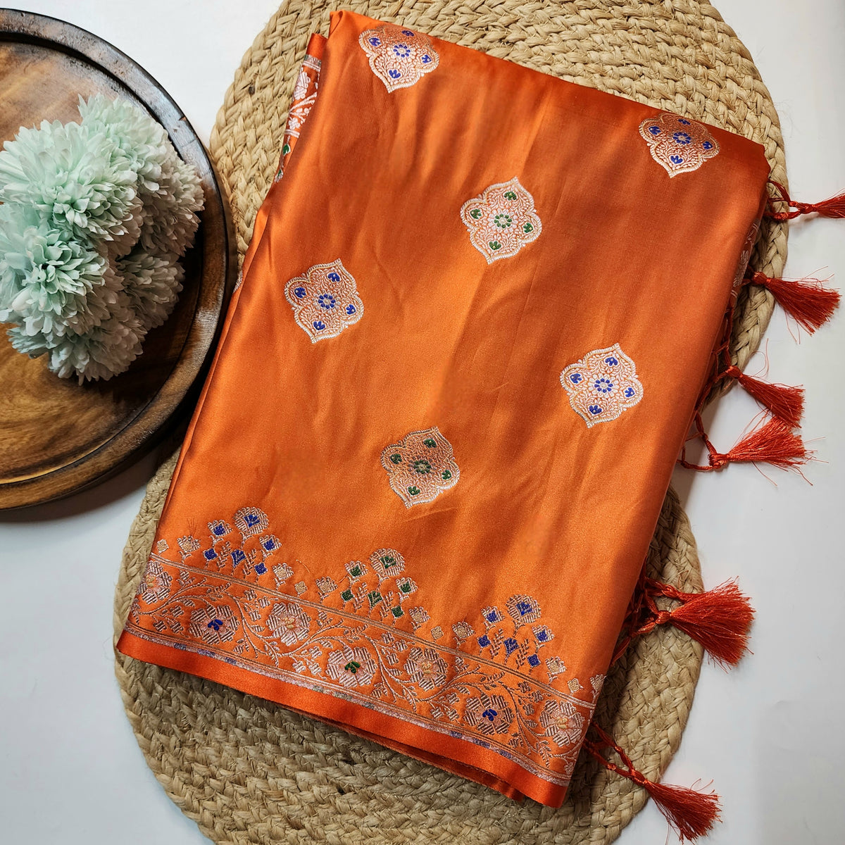 Orange Banarasi Katan Silk Saree with Multicolor Meenakari