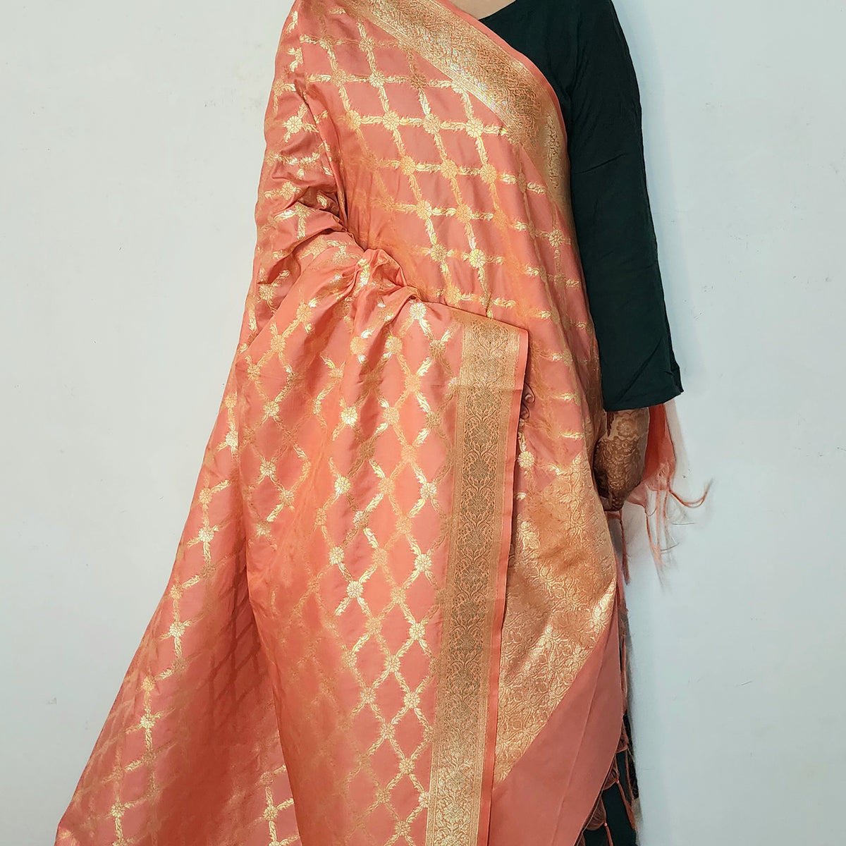 Banarasi Tapetta Silk - Peach Zari Jaal Dupatta