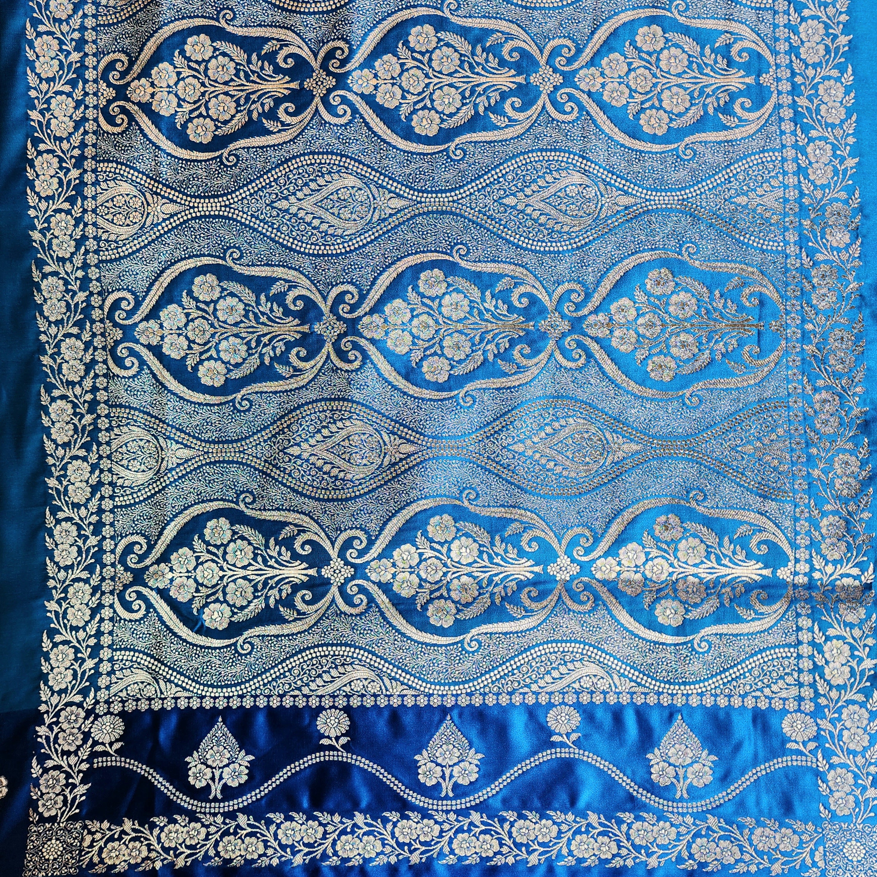 Dual-Tone Shiny Blue Pure Banarasi Katan Silk Saree