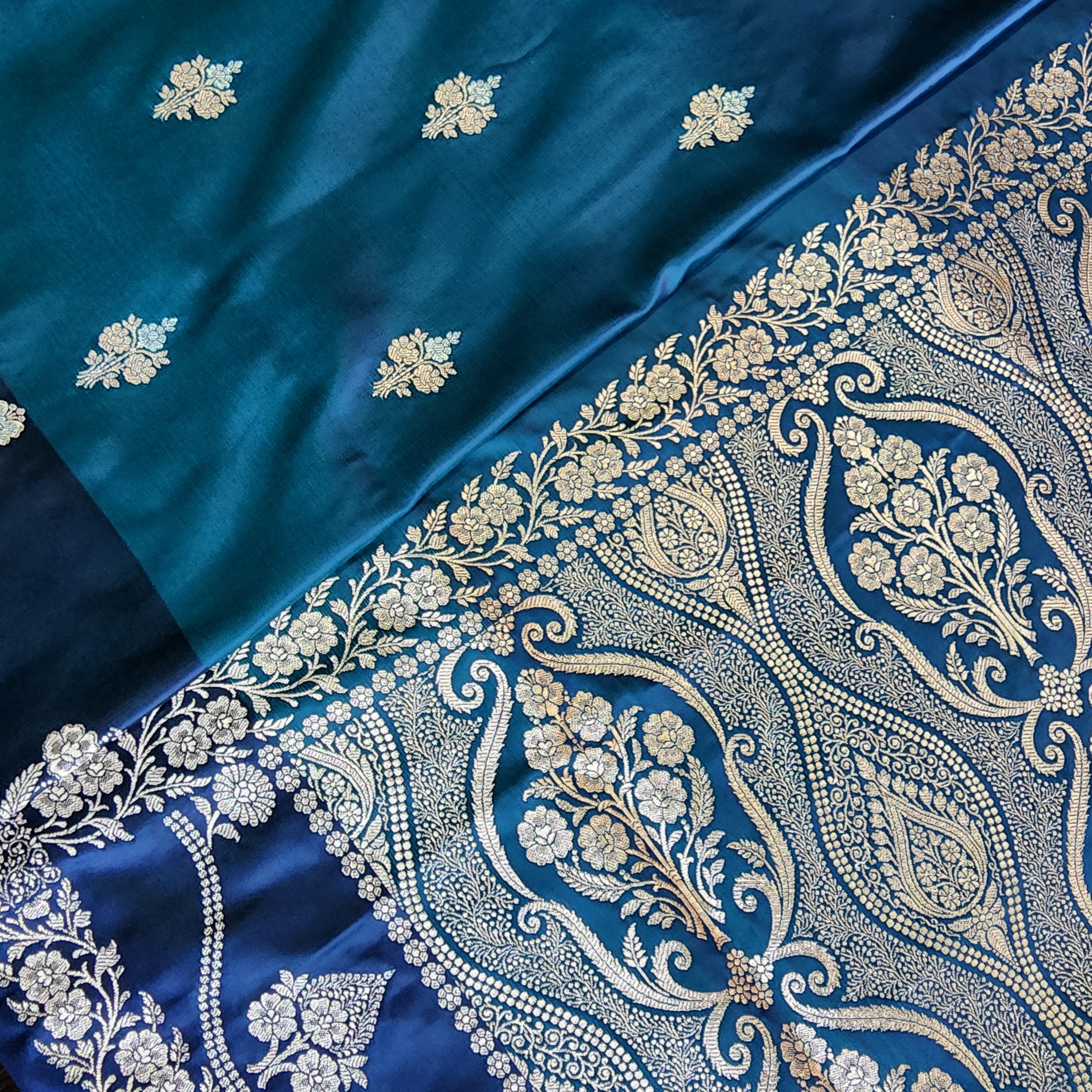 Dual-Tone Peacock Blue Pure Banarasi Katan Silk Saree