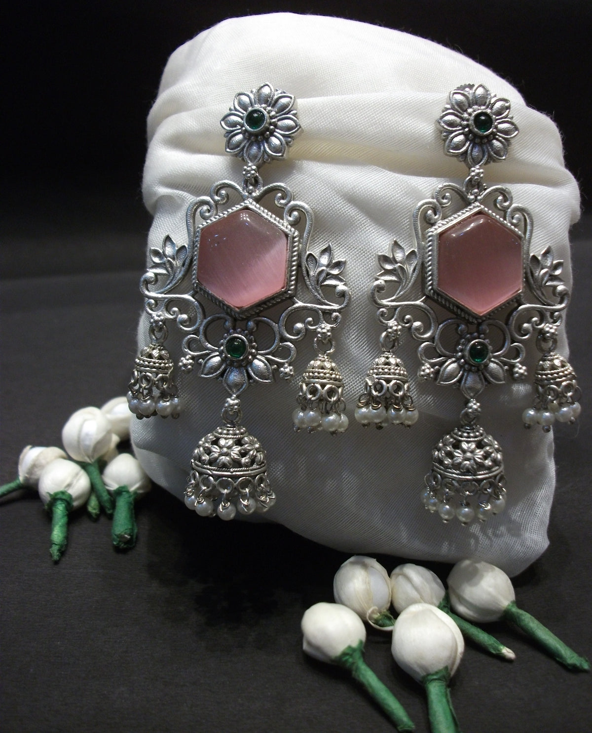 Antique Silver Pink Floral Filigree Jhumki Earrings