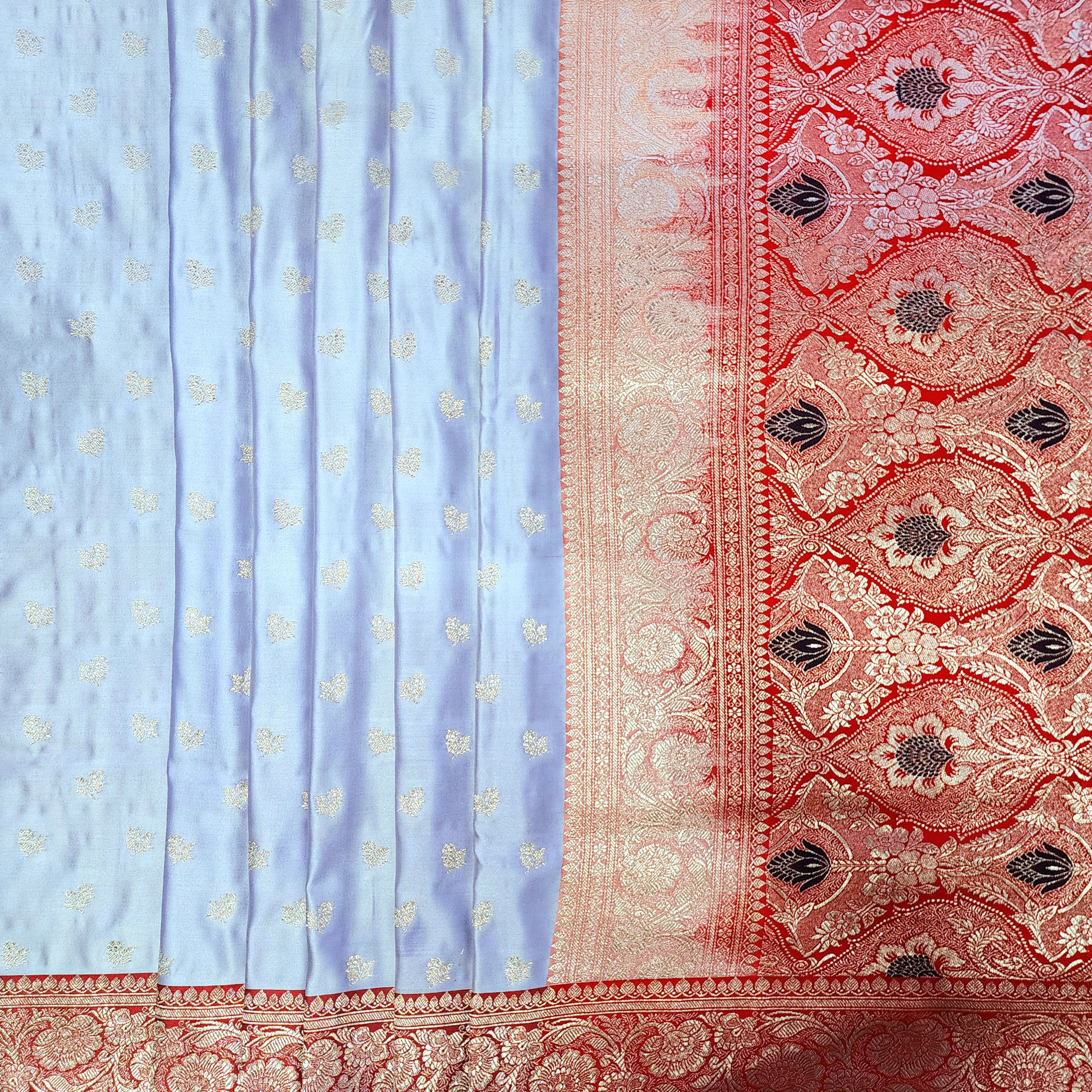 Ivory Pure Banarasi Katan Silk Saree with light Gold Zari Weaving