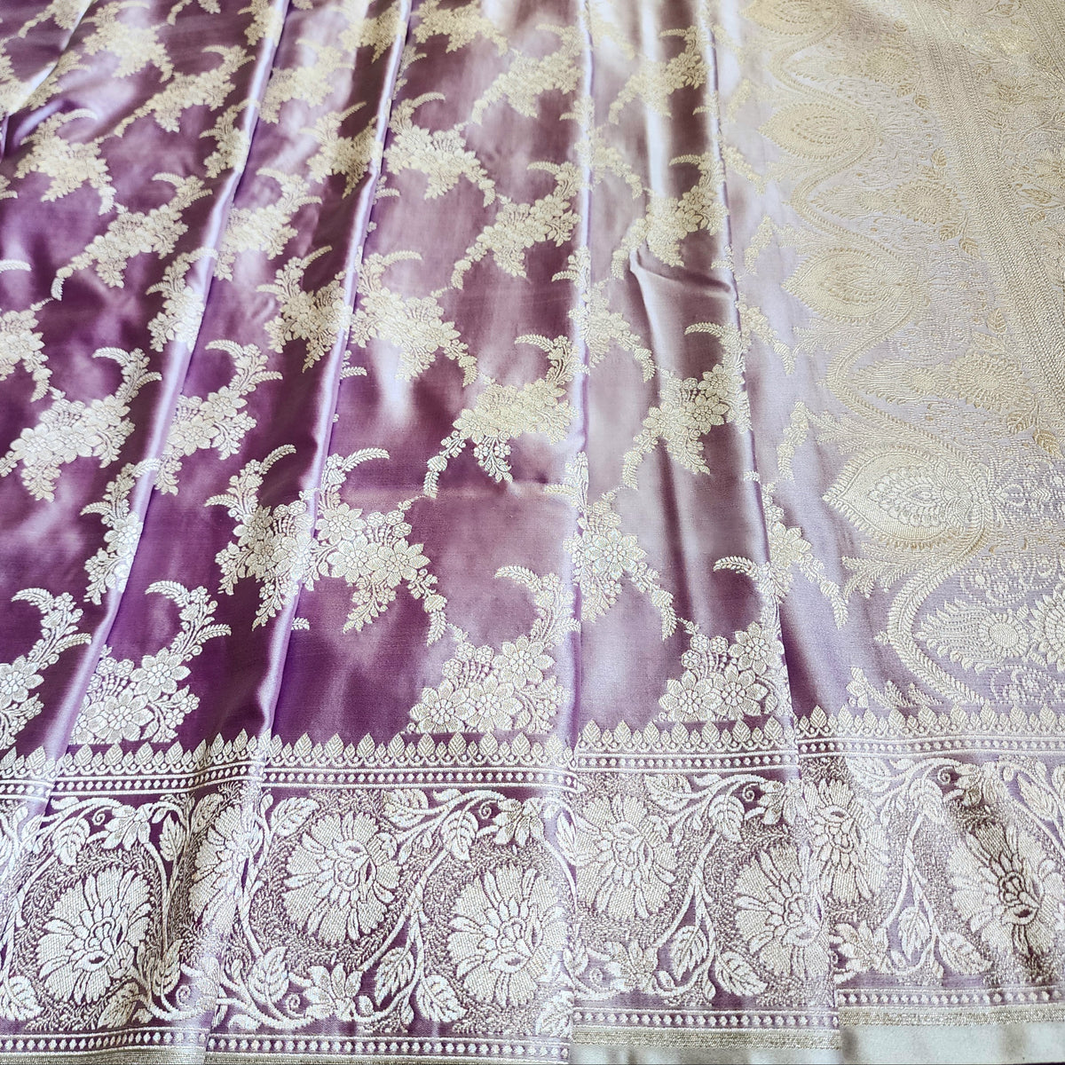 Dusty Lilac Banarasi Katan Silk Saree with Floral Vine Jaal