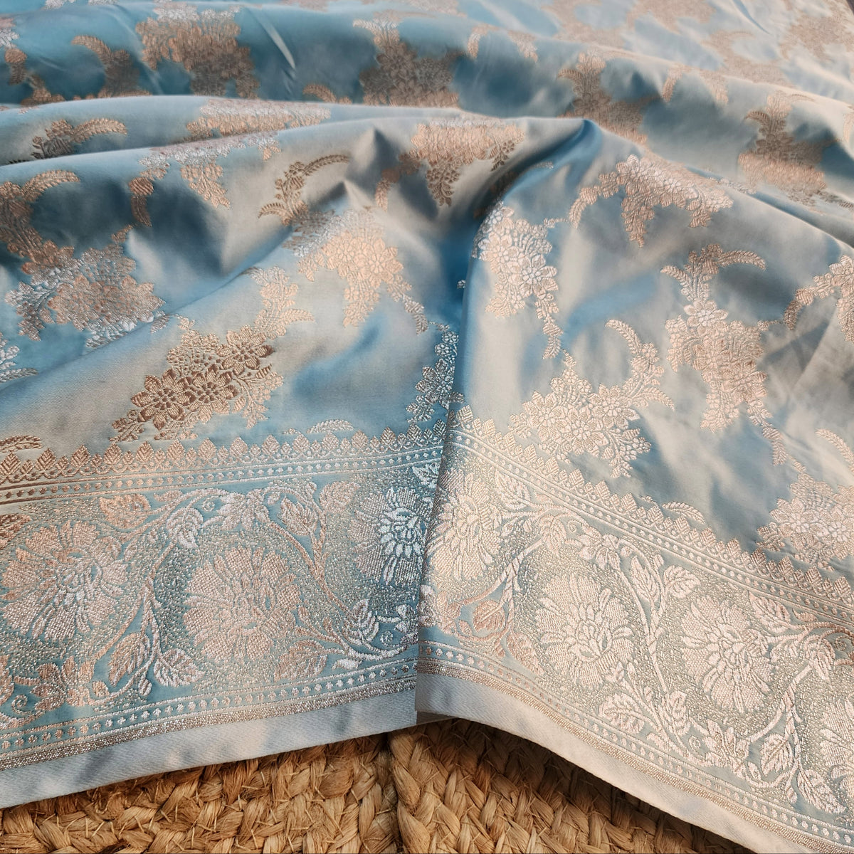 Powder Blue Banarasi Katan Silk Saree with Floral Vine Jaal