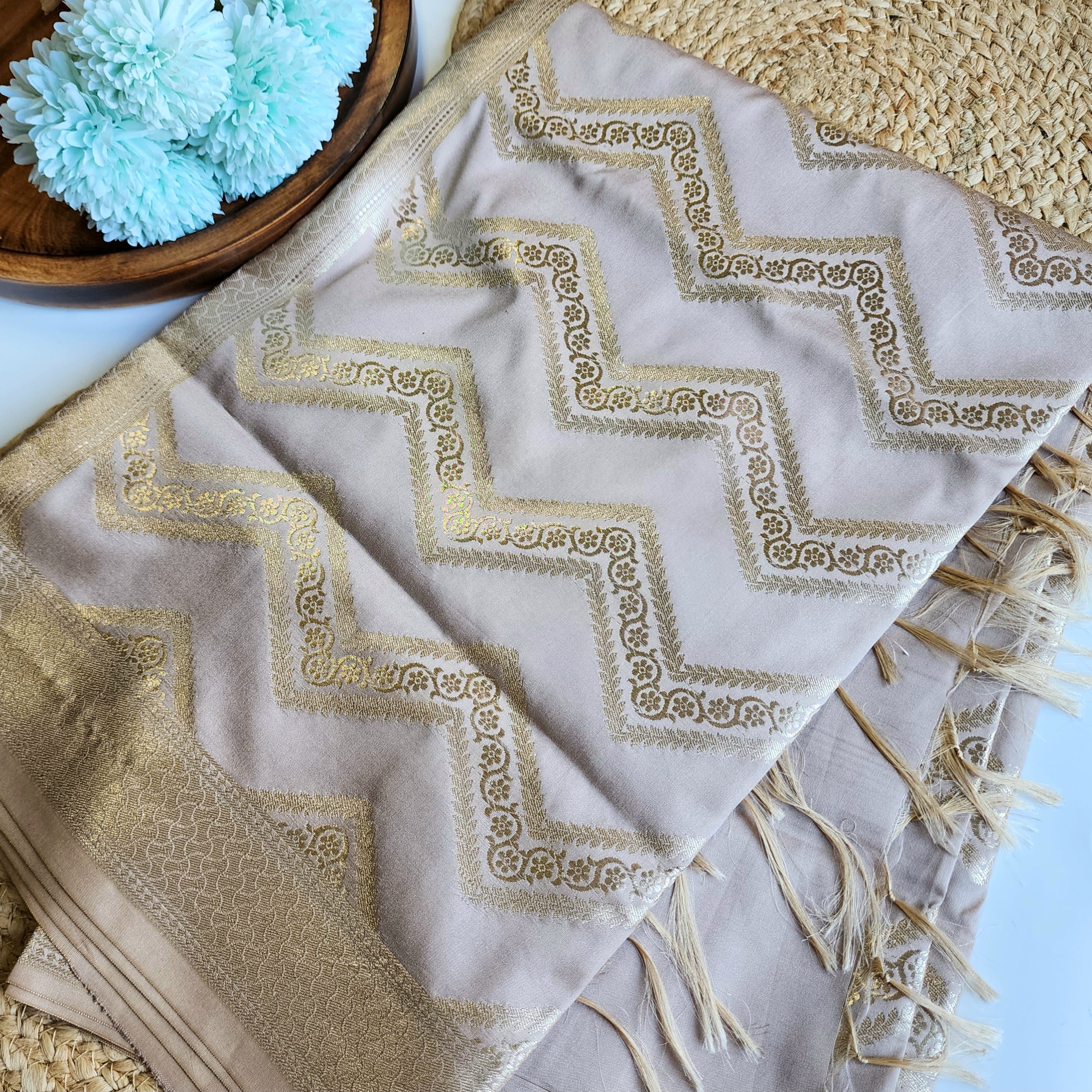 Light Mushroom Banarasi Dupatta with Golden Zigzag Pattern