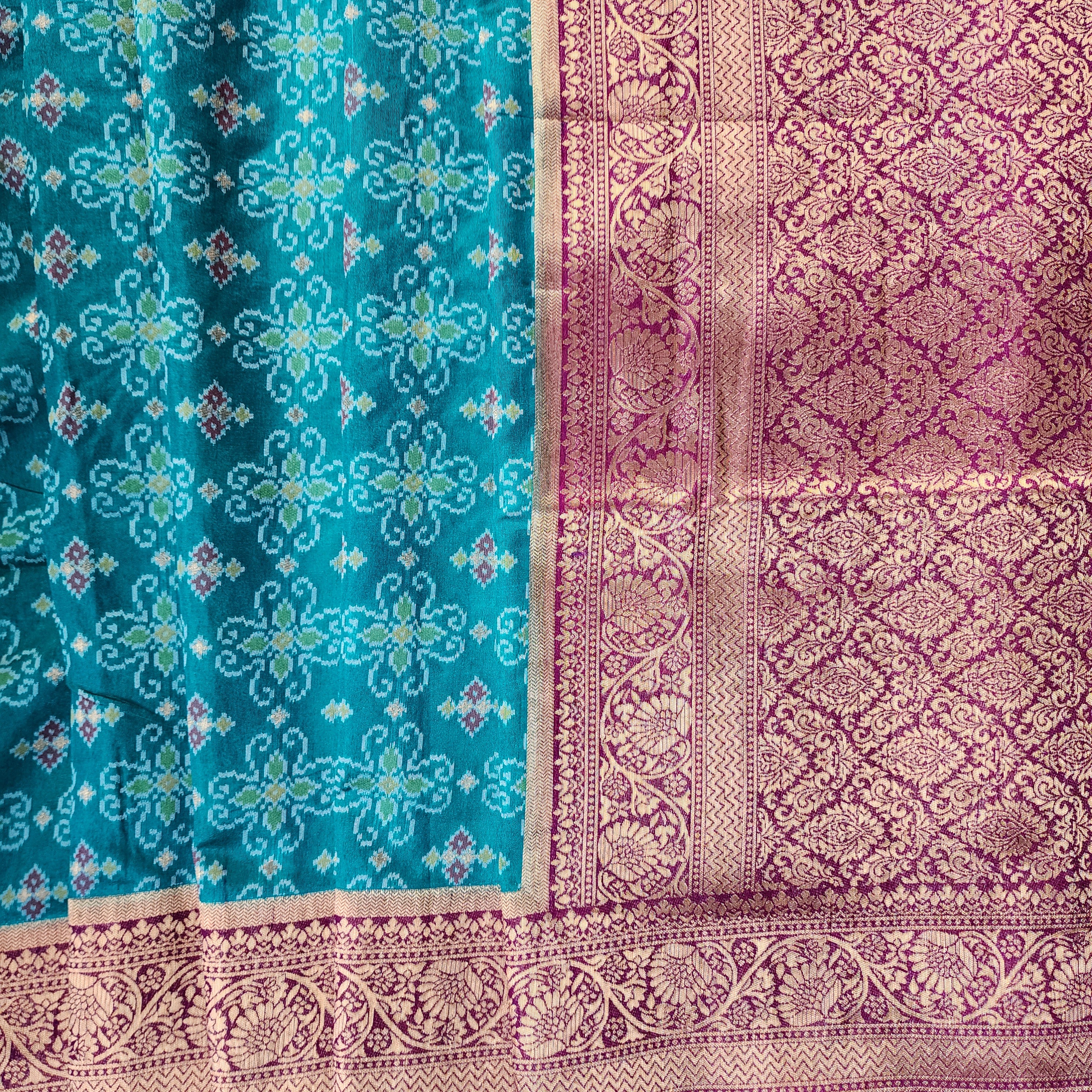Turquoise Dupion Patola with Maroon-Gold Border & Heavy Gold Zari