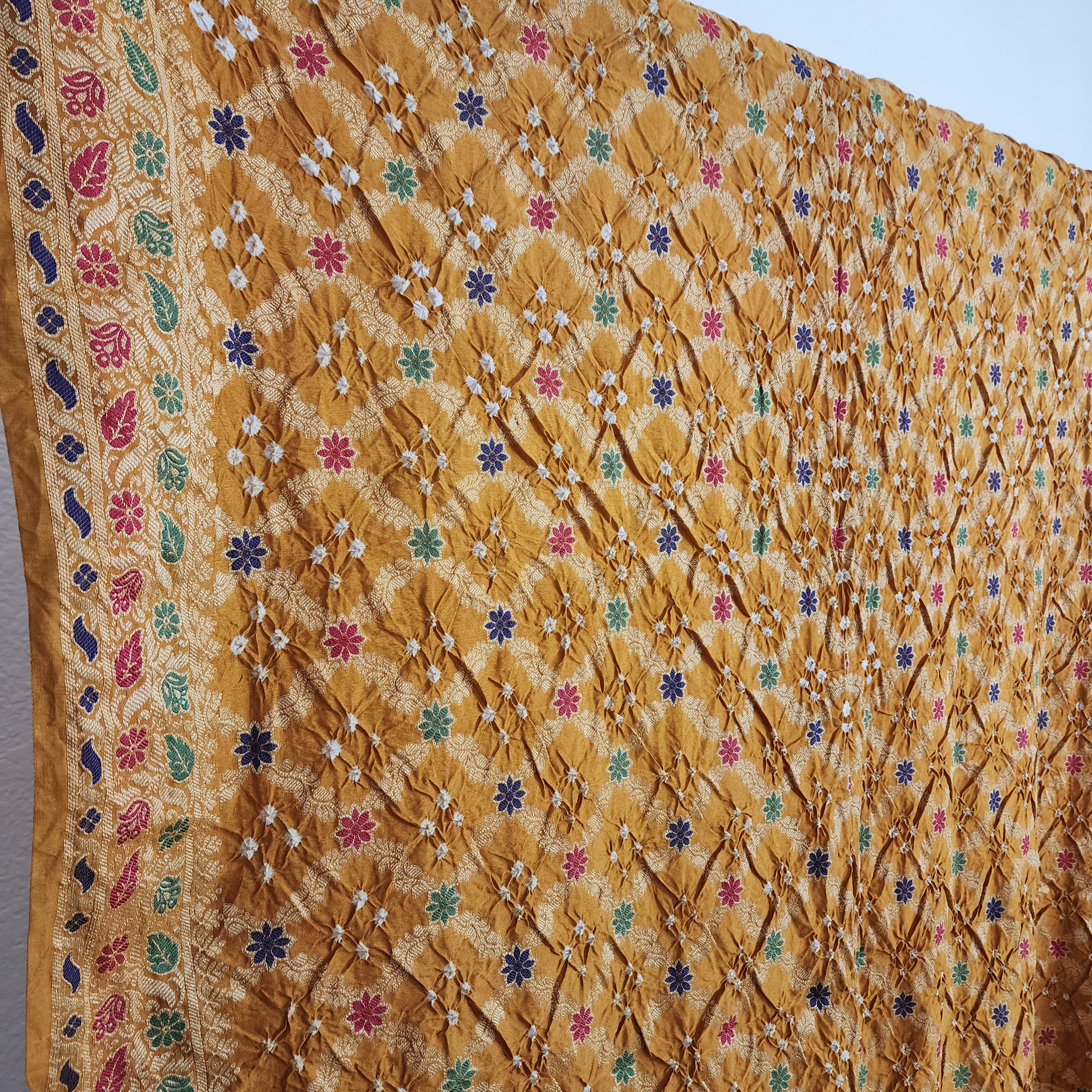 Mustard Yellow Bandhni dupatta with Banarasi Meenakari work